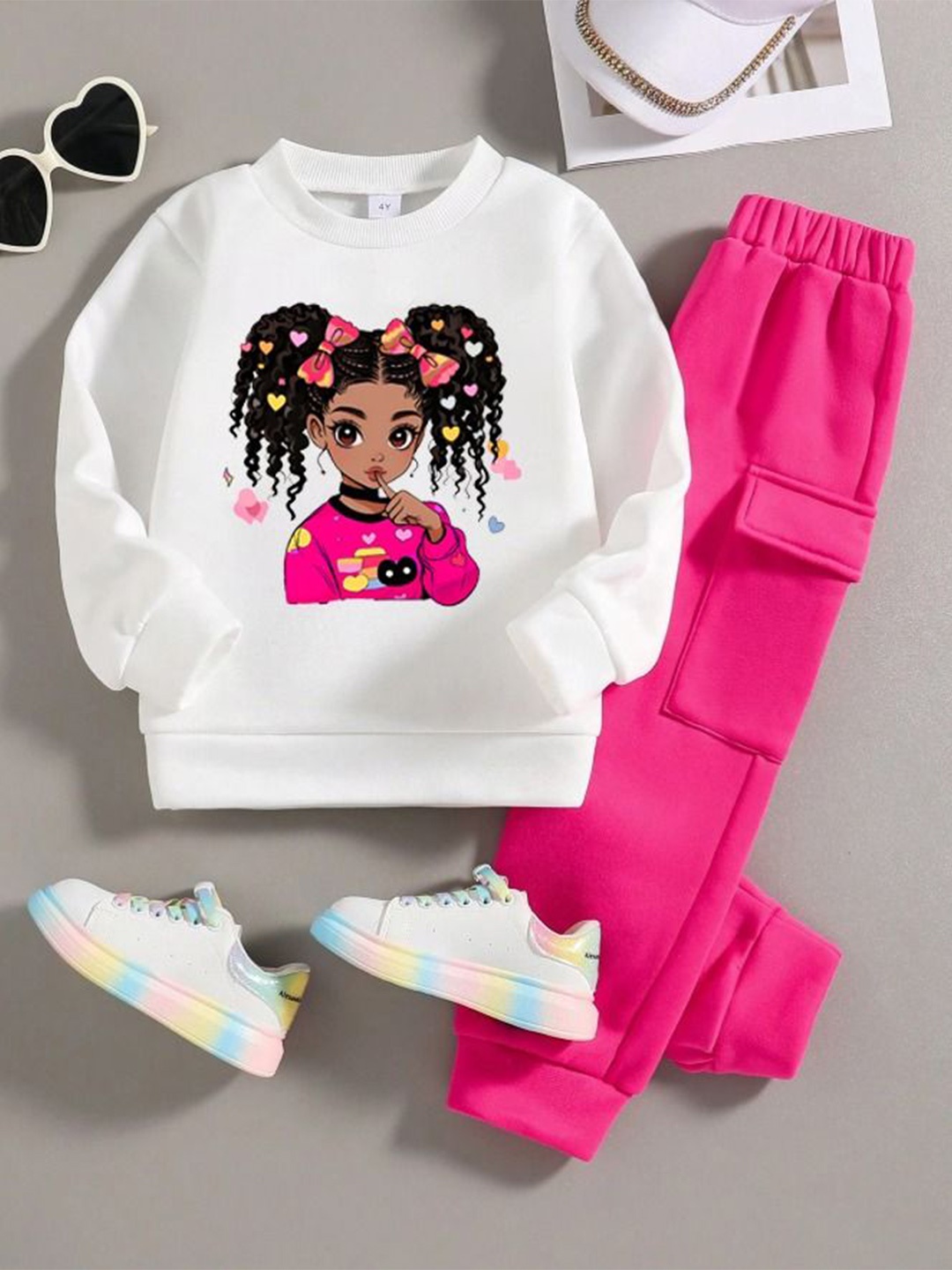 

AVOVU Girls Printed Round Neck Sweatshirt With Jogger, White