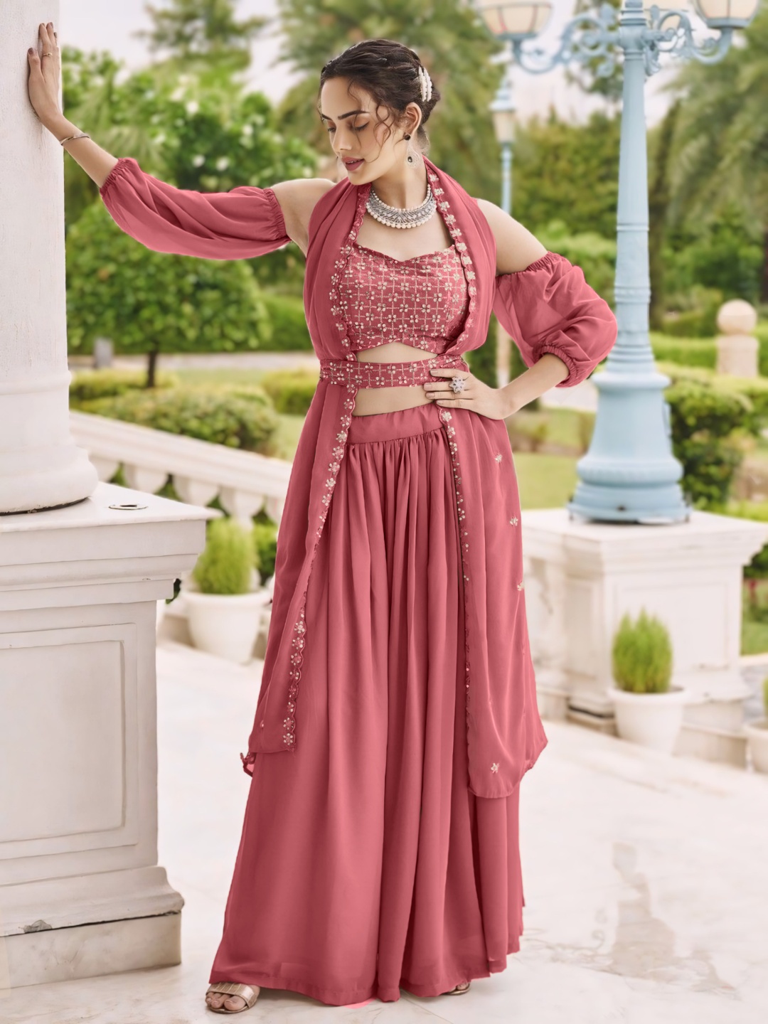 

SANCIA Shoulder Straps Detachable Sleeves Ethnic Crop Top With Palazzos & Dupatta, Peach