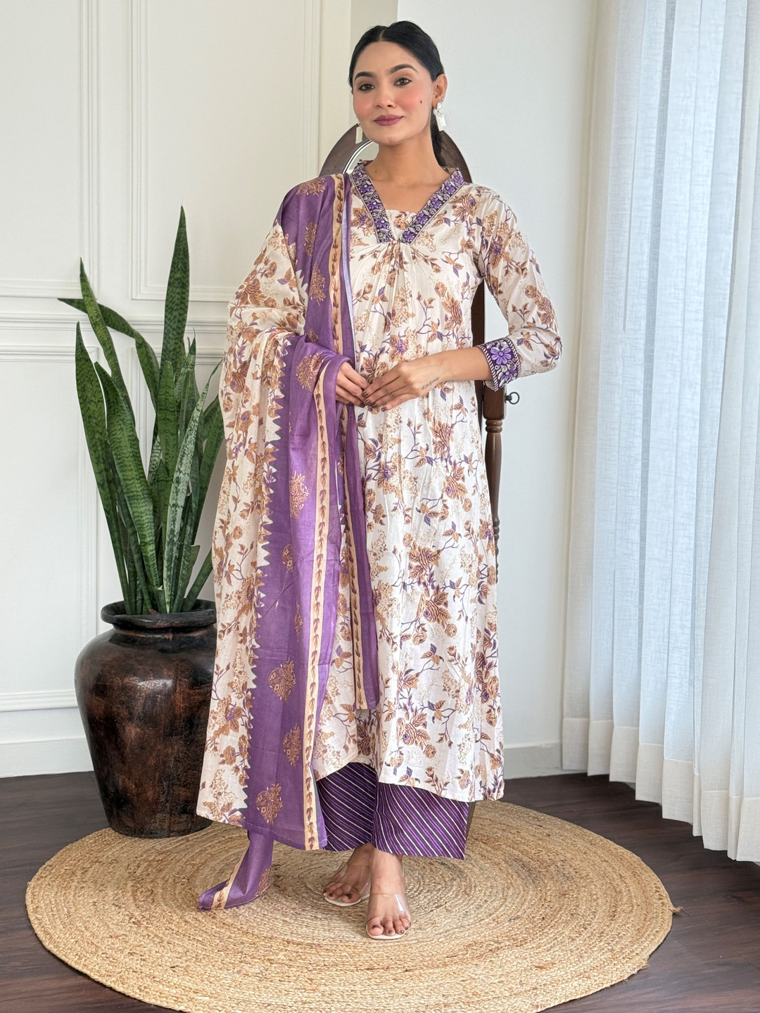

KALINI Floral Printed Thread Work Pure Cotton A-Line Kurta With Trousers And Dupatta, White