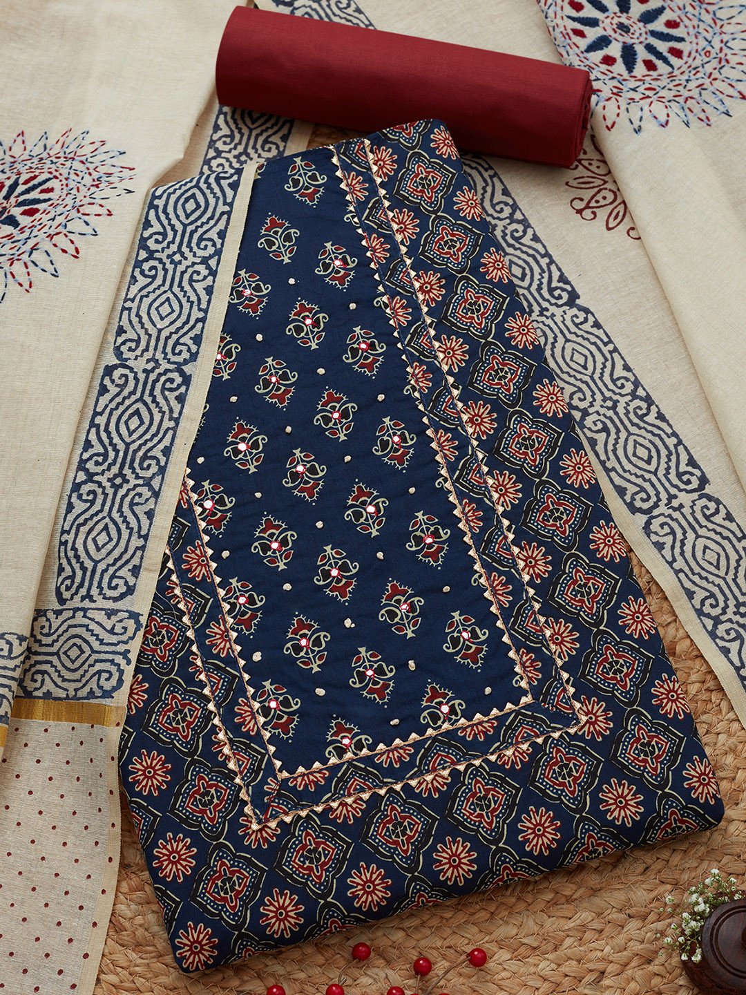 

Soch Ethnic Motifs Printed Mirror Work Cotton Unstitched Dress Material, Navy blue