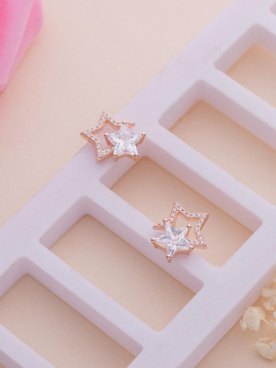 

LIORA 925 Silver Jewellery Rose Gold-Plated Cubic Zirconia Studded Star Shaped Studs