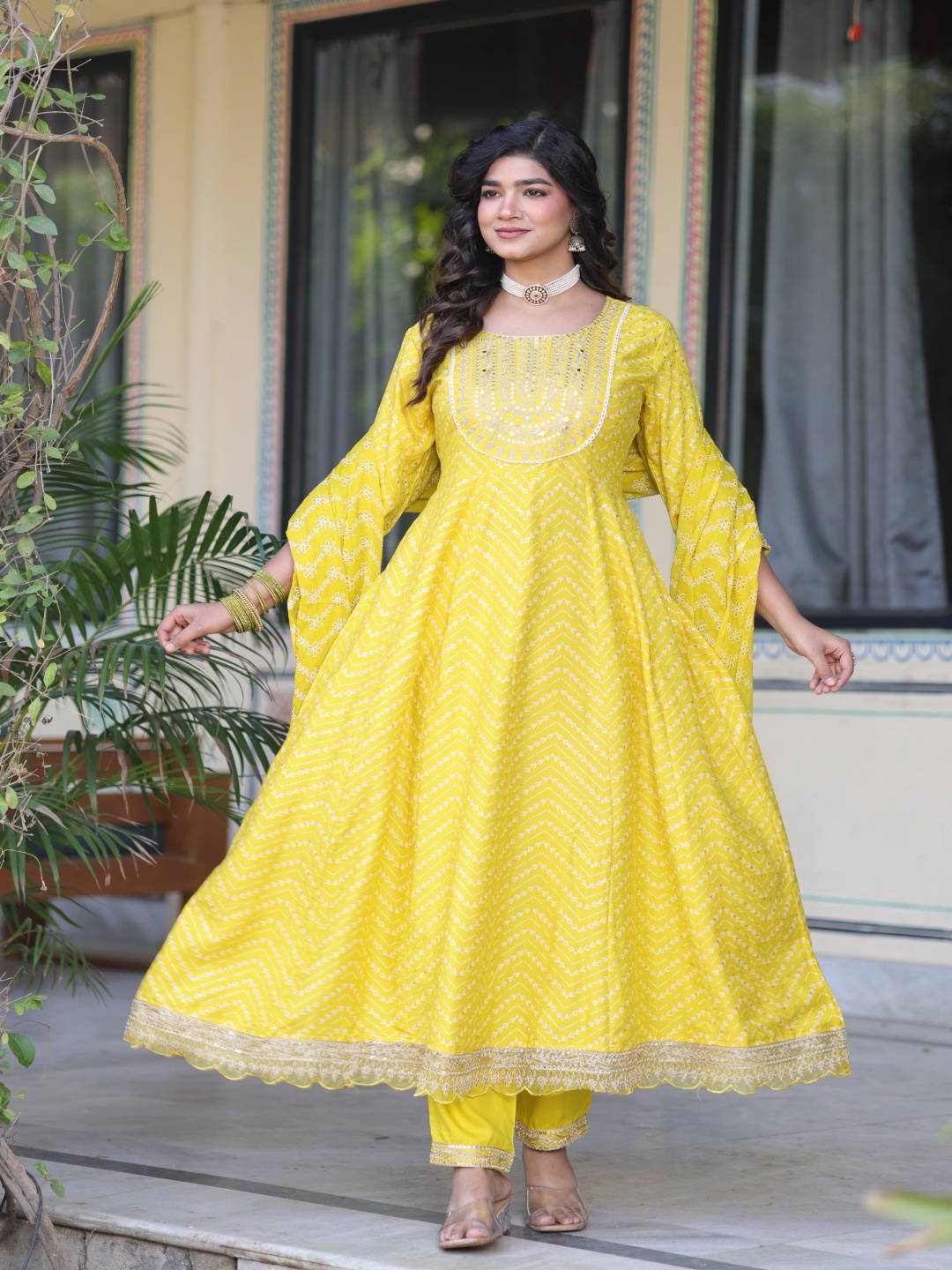 

KALINI Floral Embroidered Mirror Work Round Neck Anarkali Kurta With Trousers & Dupatta, Yellow