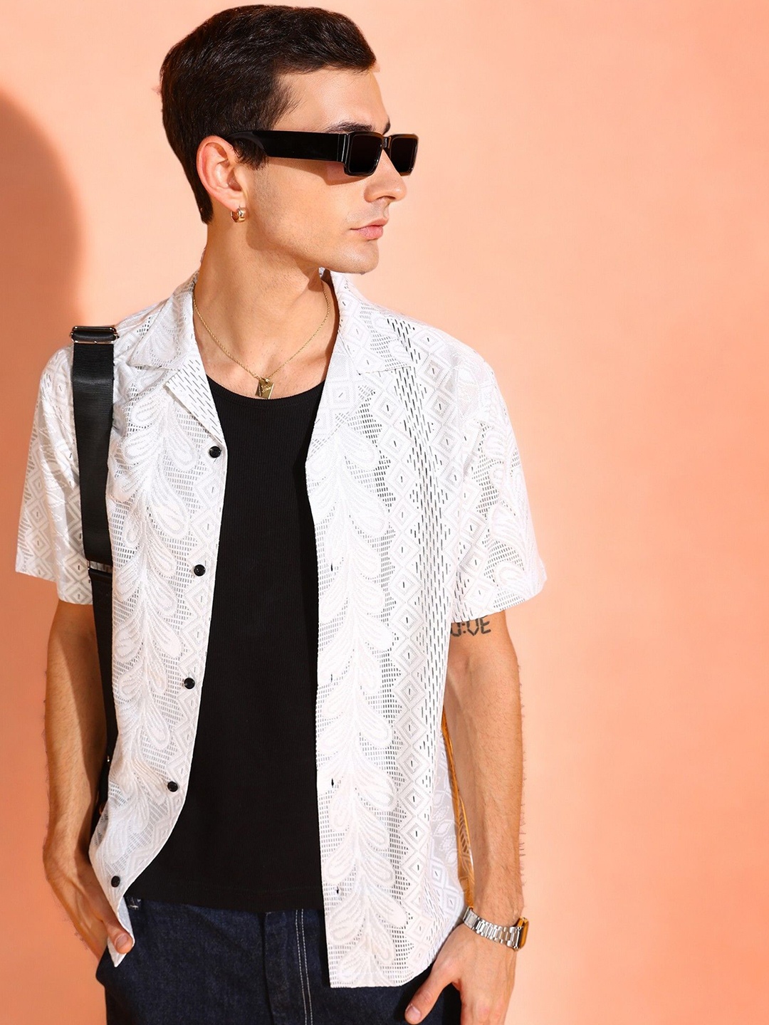 

INDICLUB Men Relaxed Fit Cuban Collar Textured Casual Shirt, White