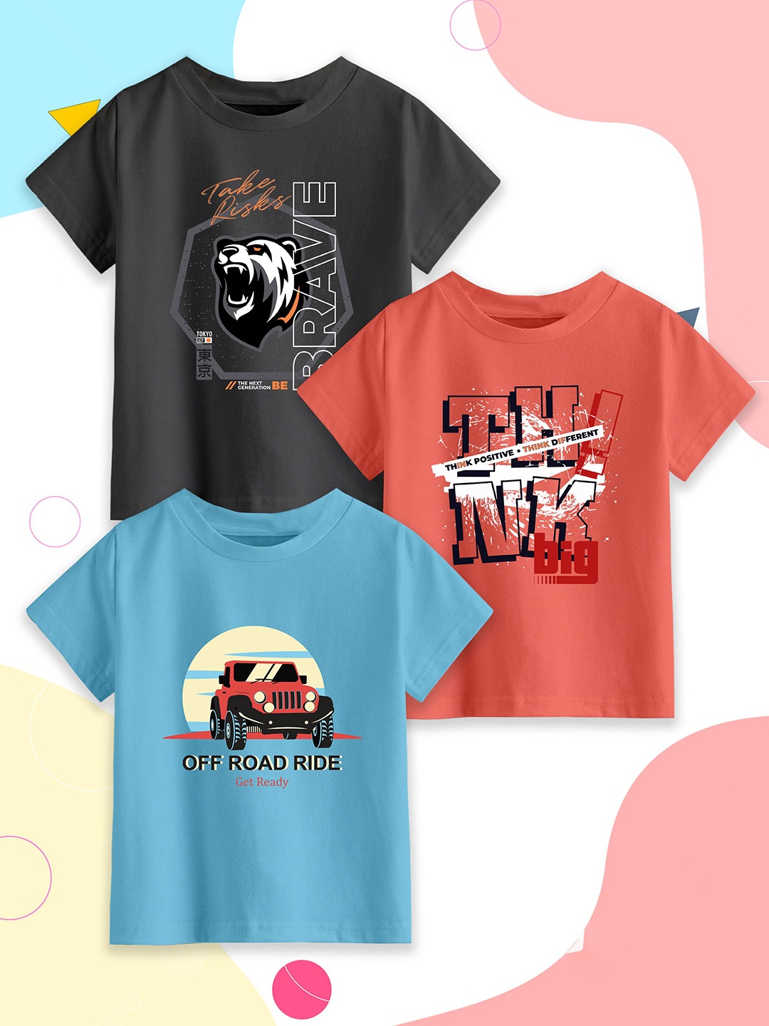 

Provogue Boys Pack Of 3 Graphic Printed Round Neck Cotton T-shirts, Peach