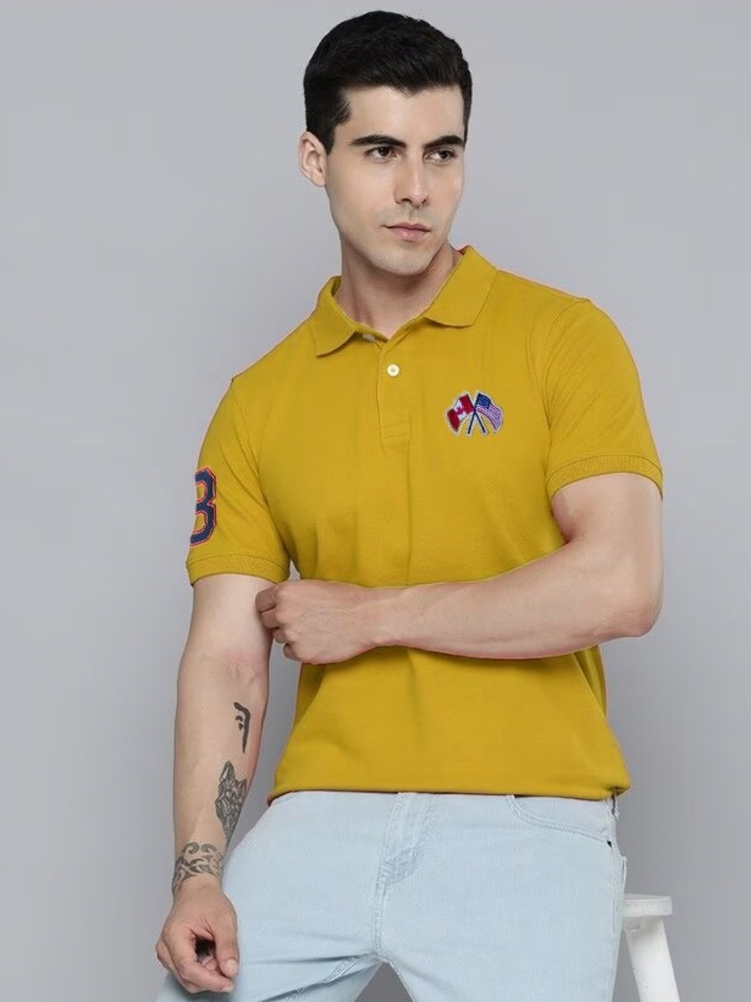 

MERRIMENT Men Solid Polo Collar Cotton T-shirt, Mustard
