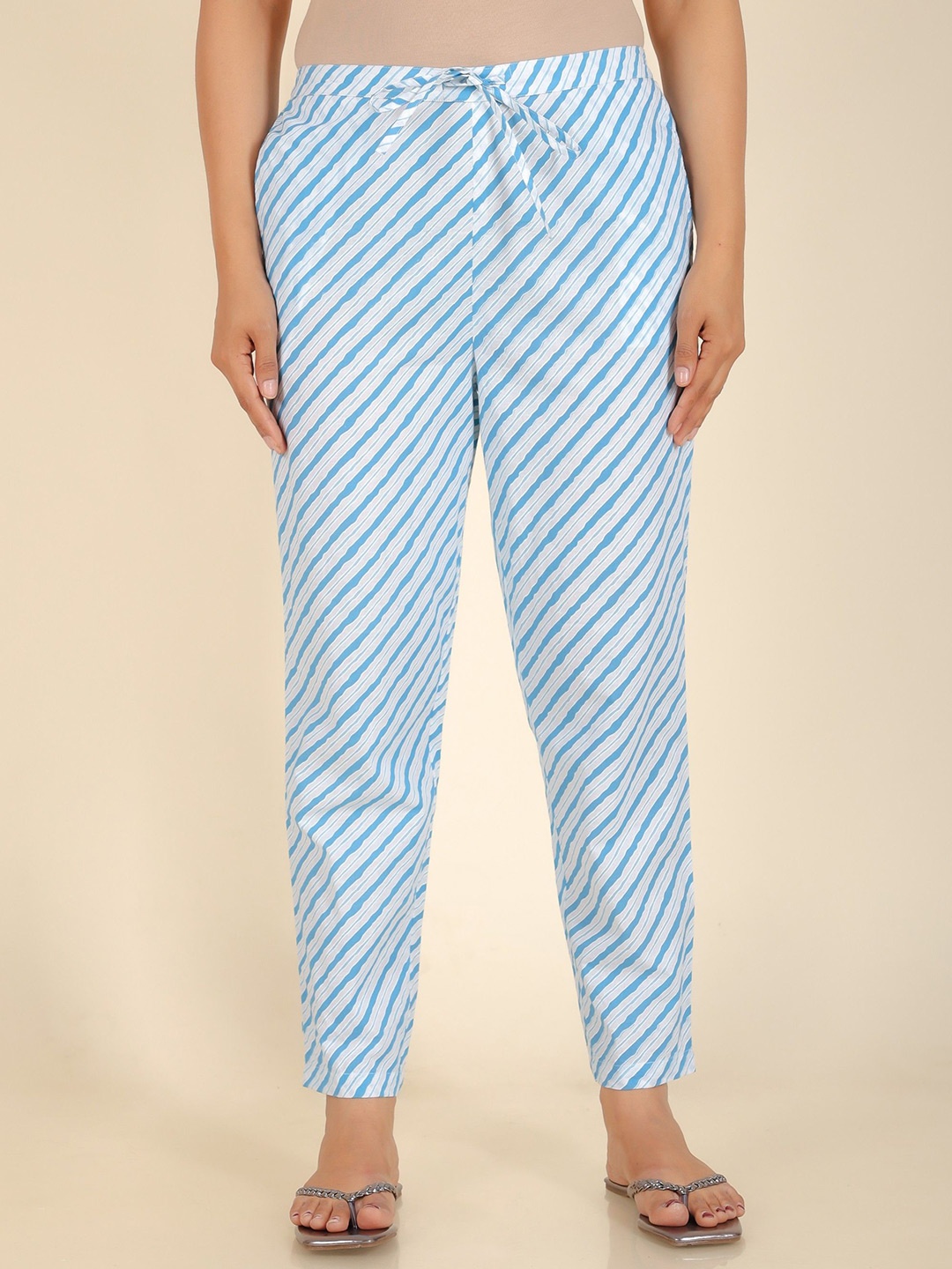 

Aramya Women Soft Cotton Striped Cotton Trousers, Blue