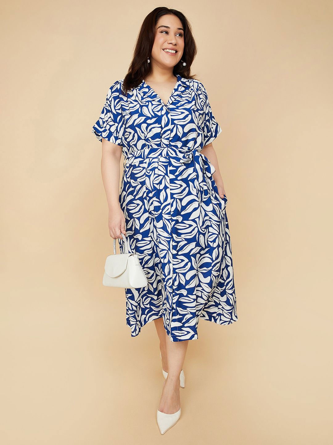 

Max Women Plus size Detailed Tie-Ups Shirt Collar Midi Dress, Blue