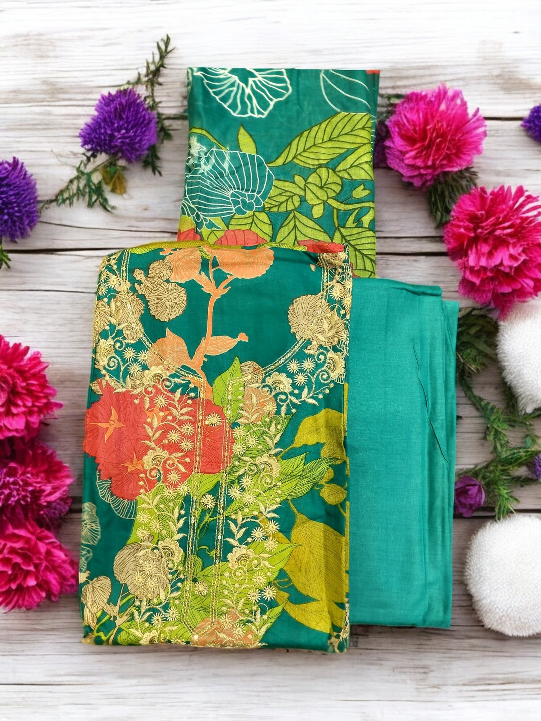 

REET MAHAL Floral Printed Pure Cotton Unstitched Dress Material, Green