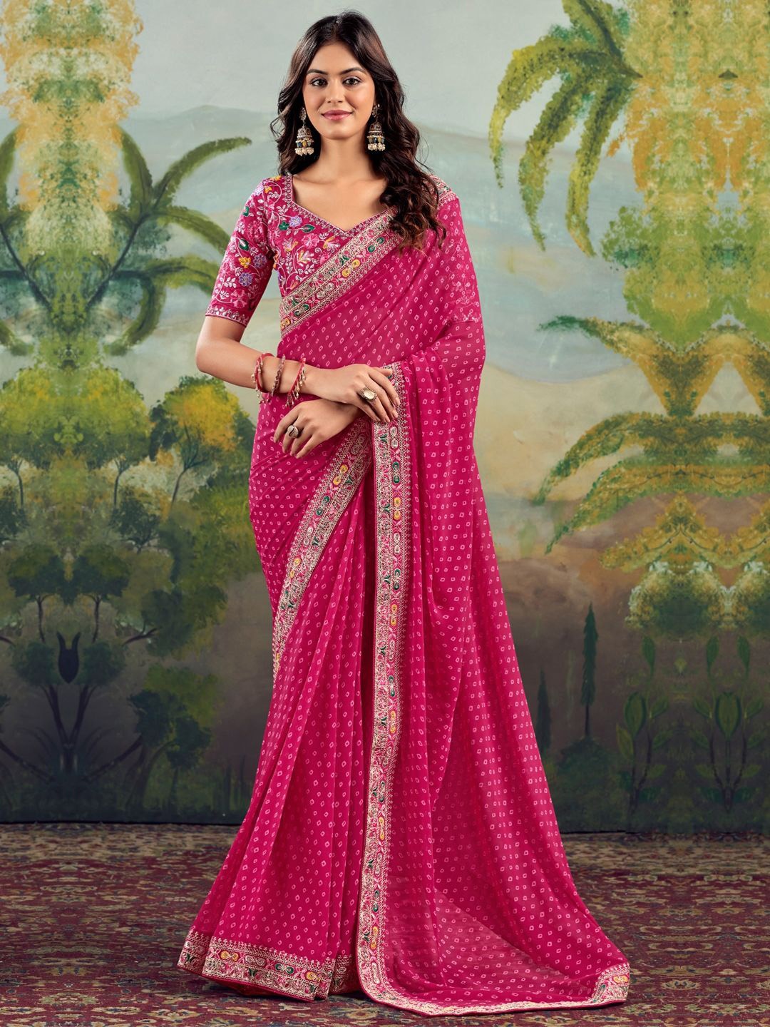 

CHUDIYA Bandhani Embroidered Pure Chiffon Saree, Pink