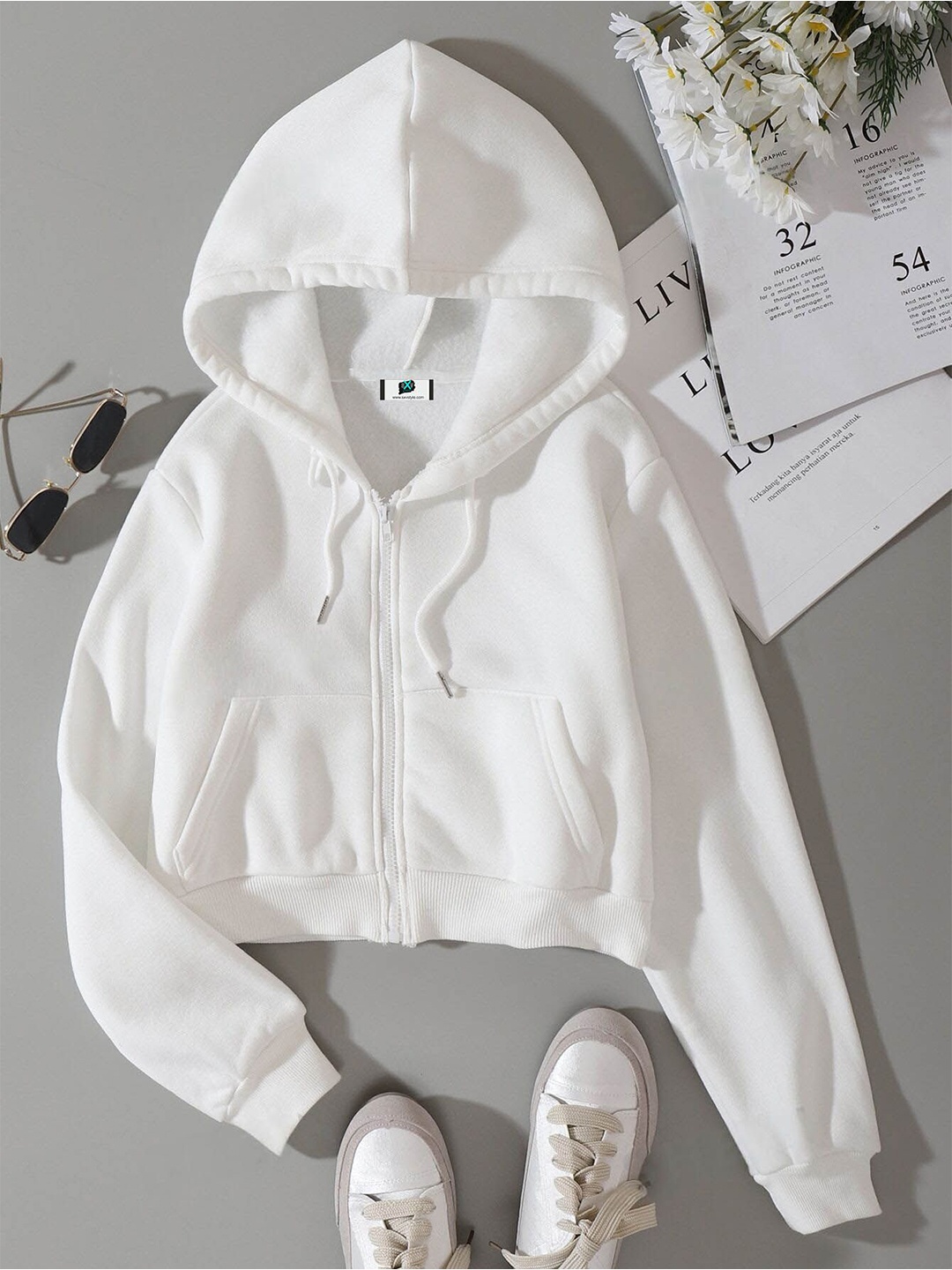 

SXV STYLE Women Hooded Cropped Sweatshirt, White