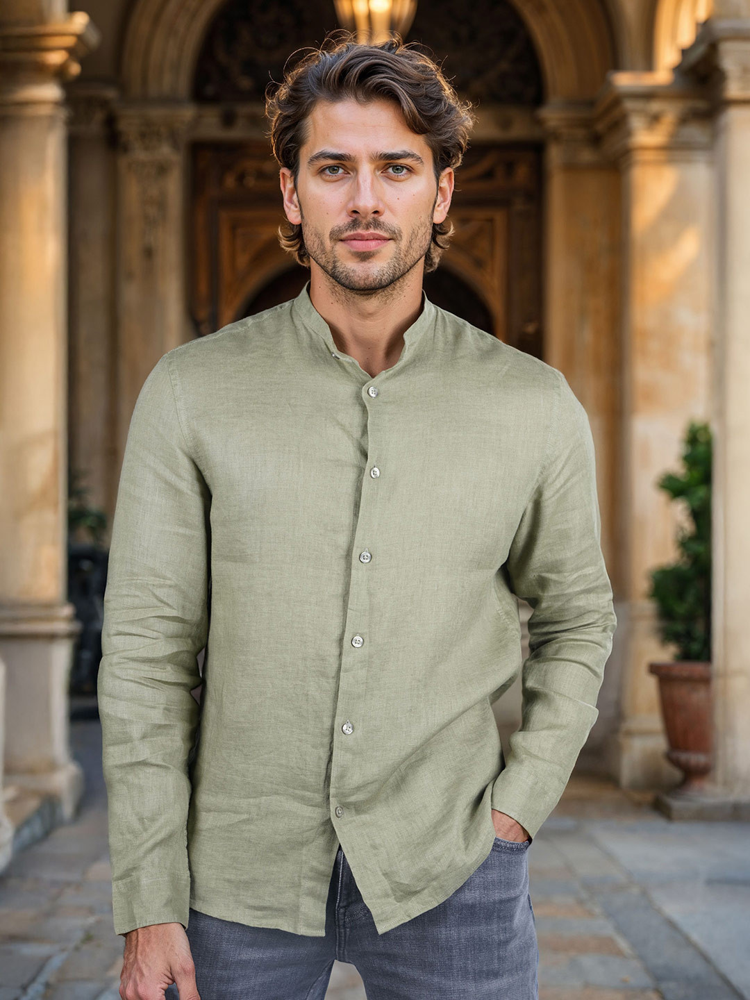 

Celio Men Classic Regular Fit Mandarin Collar Solid Linen Casual Shirt, Olive