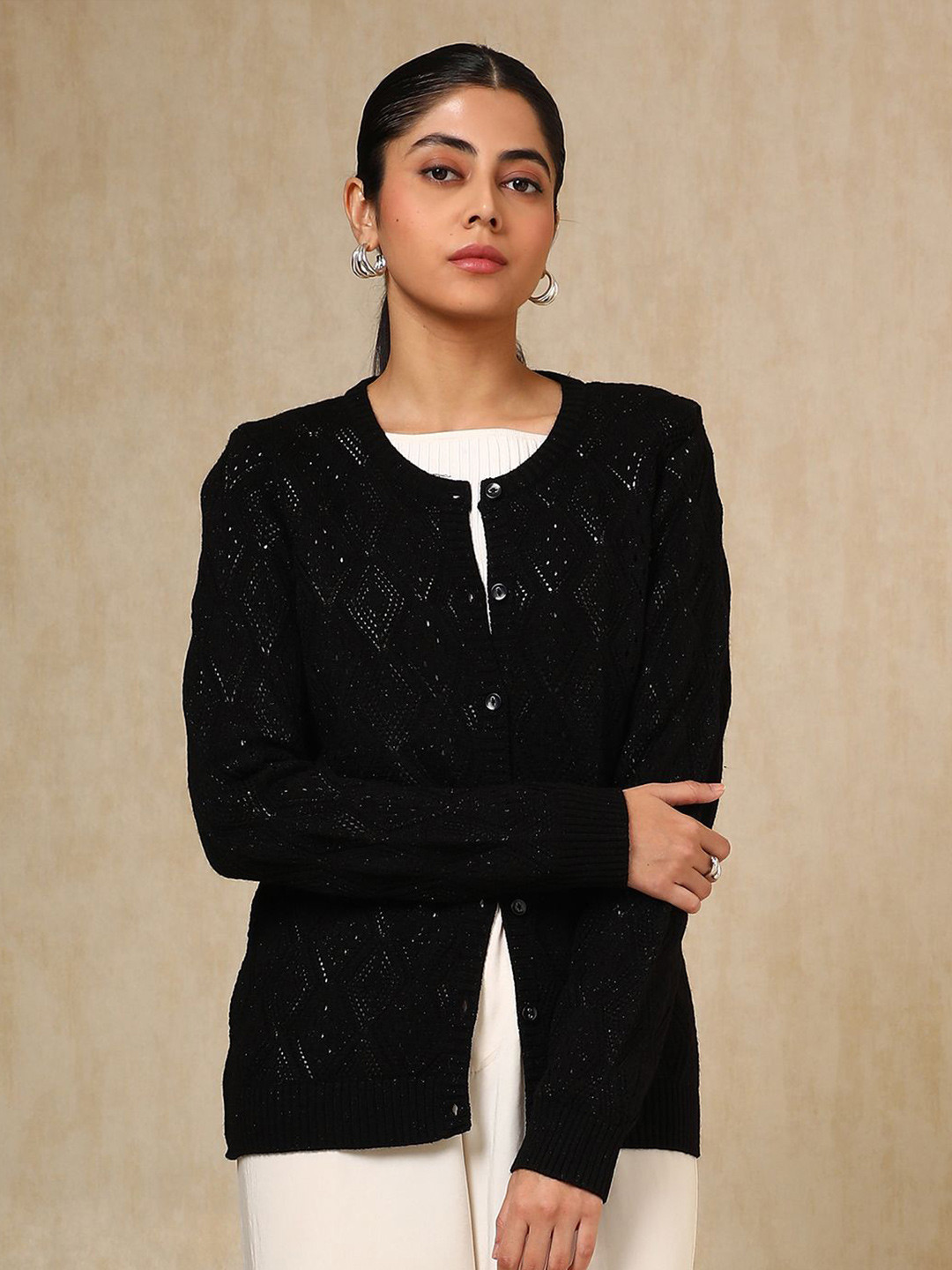 

Soch Women Self Design Cardigan, Black