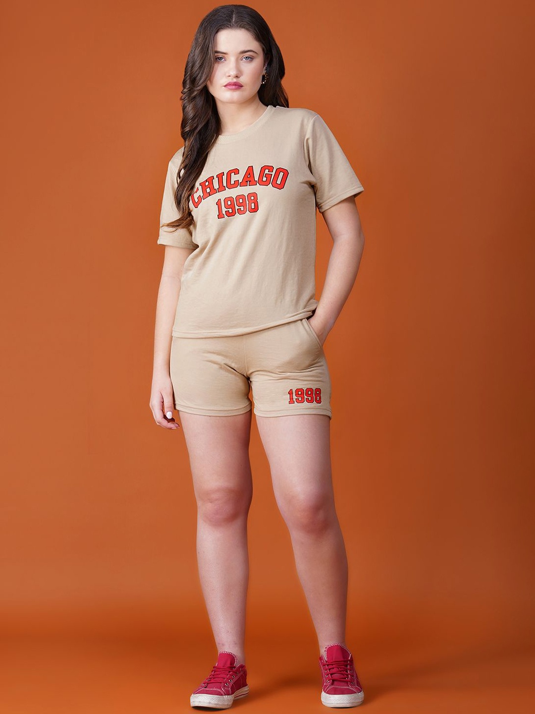 

Lagashi Typography Printed Round Neck T-Shirt With Shorts, Beige