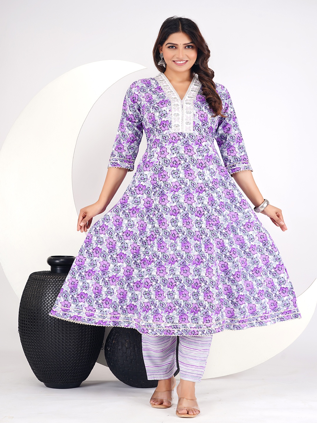 

JD FINISHING Floral Printed Thread Work A-line Kurta With Palazzos And Dupatta, Purple