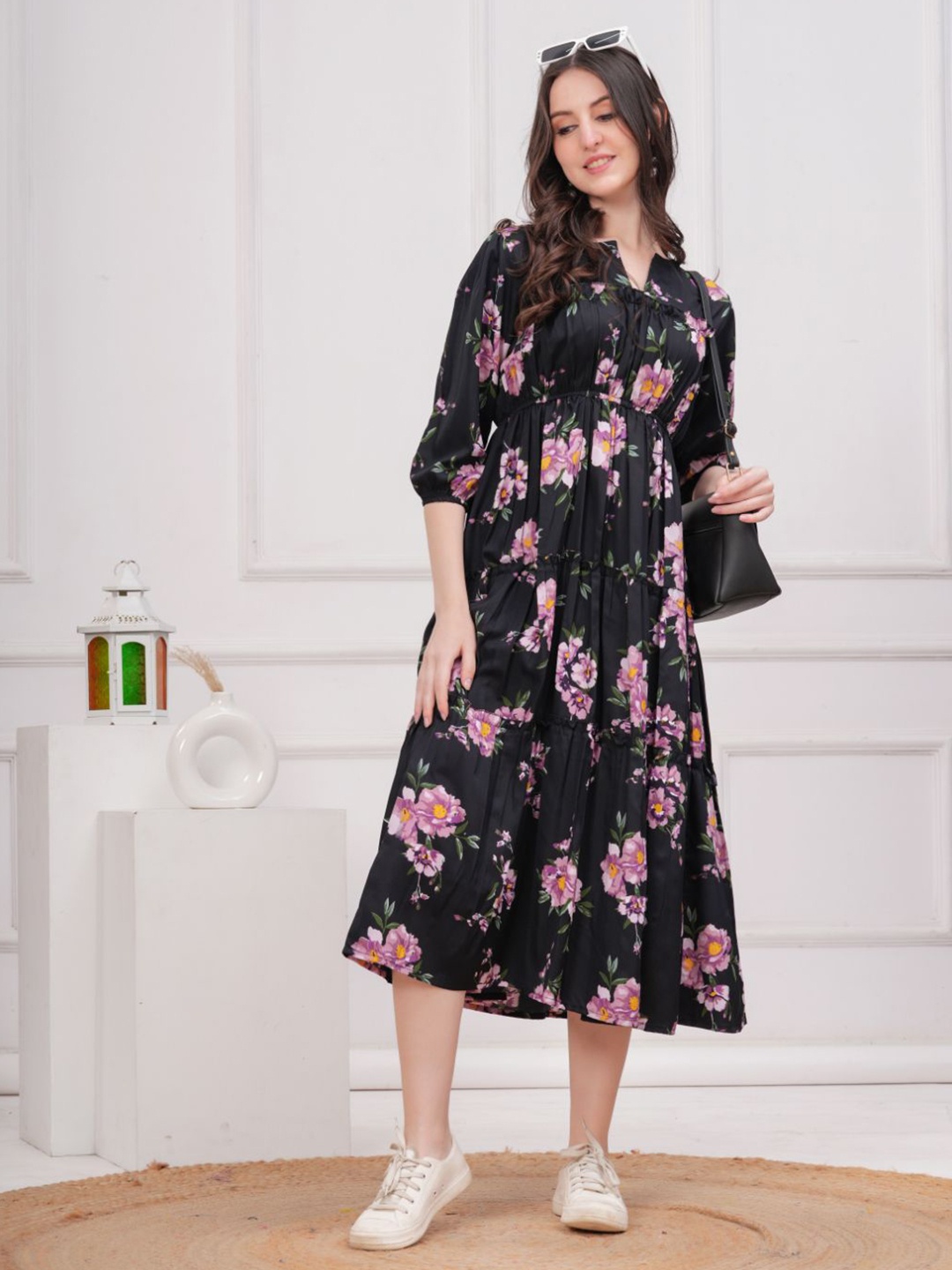 

JC4U Women Floral Fit & Flare Midi Dress, Black
