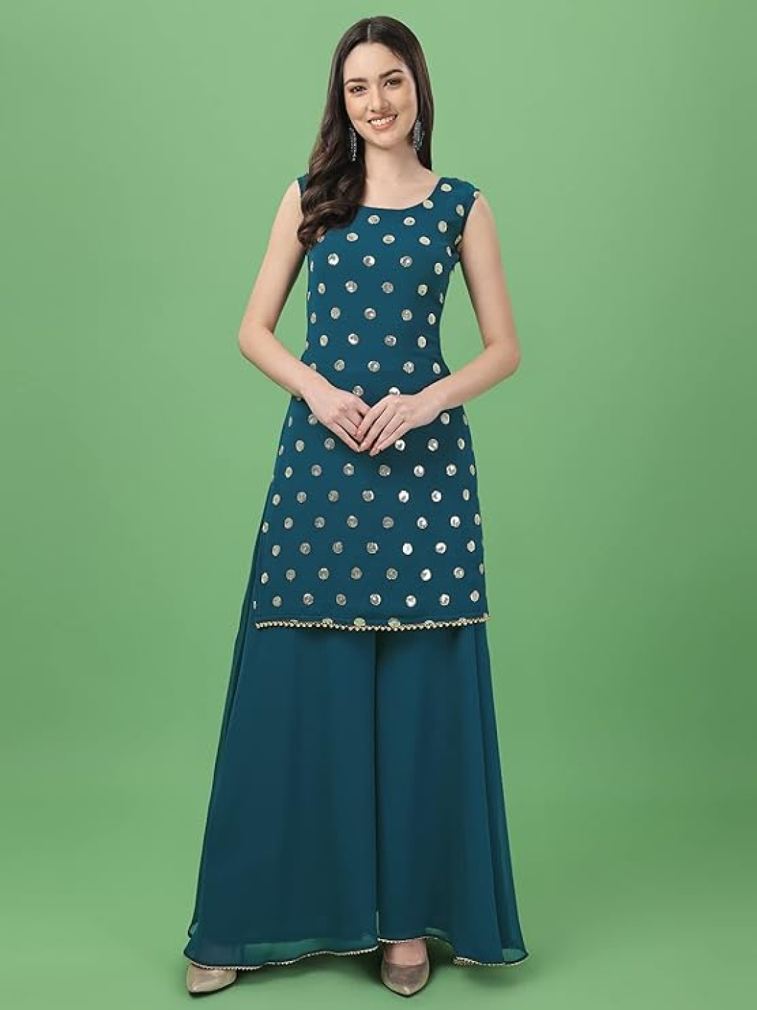 

PARROT CREATION Geometric Embroidered Georgette Straight Kurti With Palazzo & Dupatta, Turquoise blue