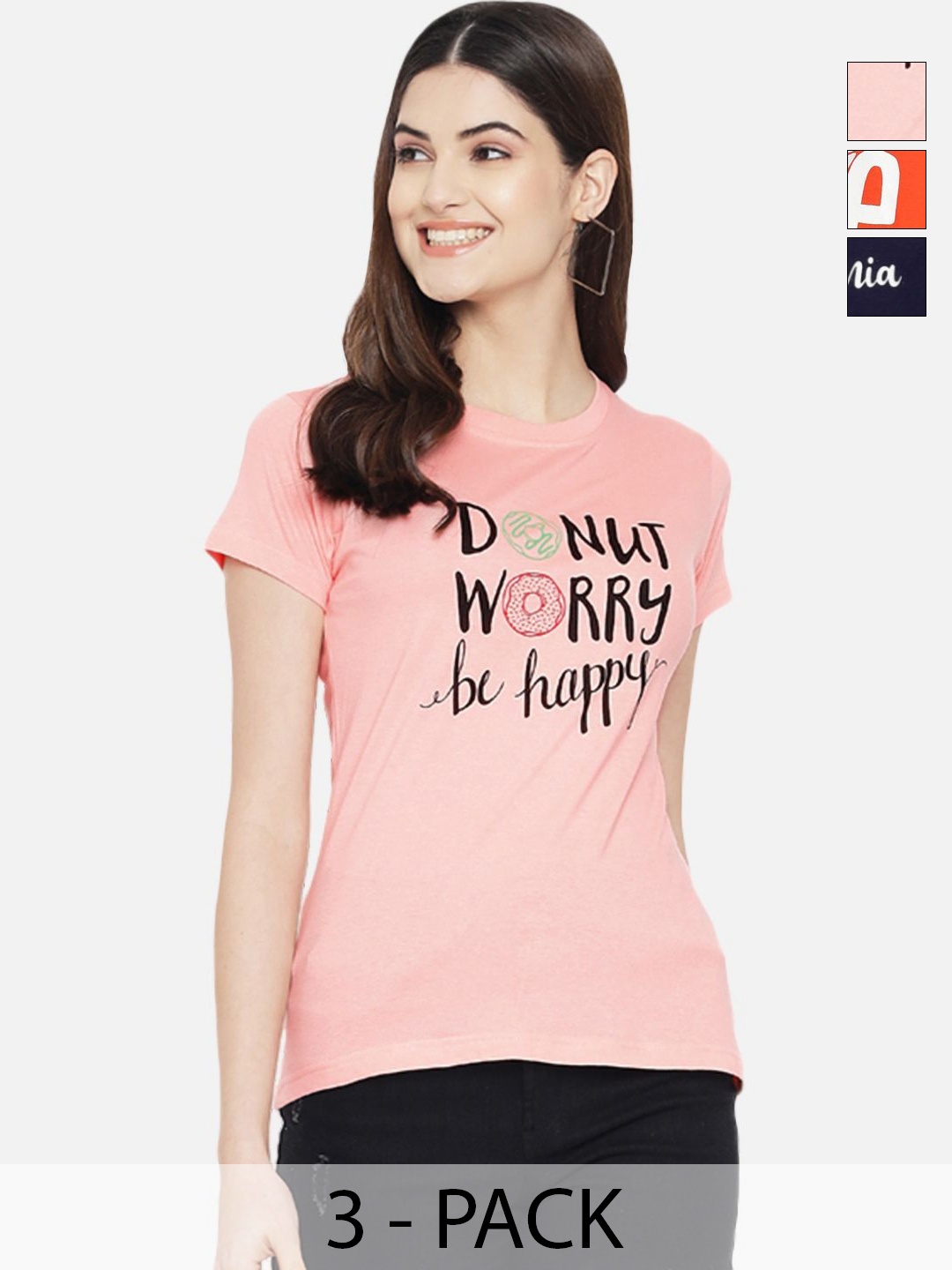

Dreambe Women Pack Of 3 Typography Printed Round Neck Cotton T-shirts, Peach