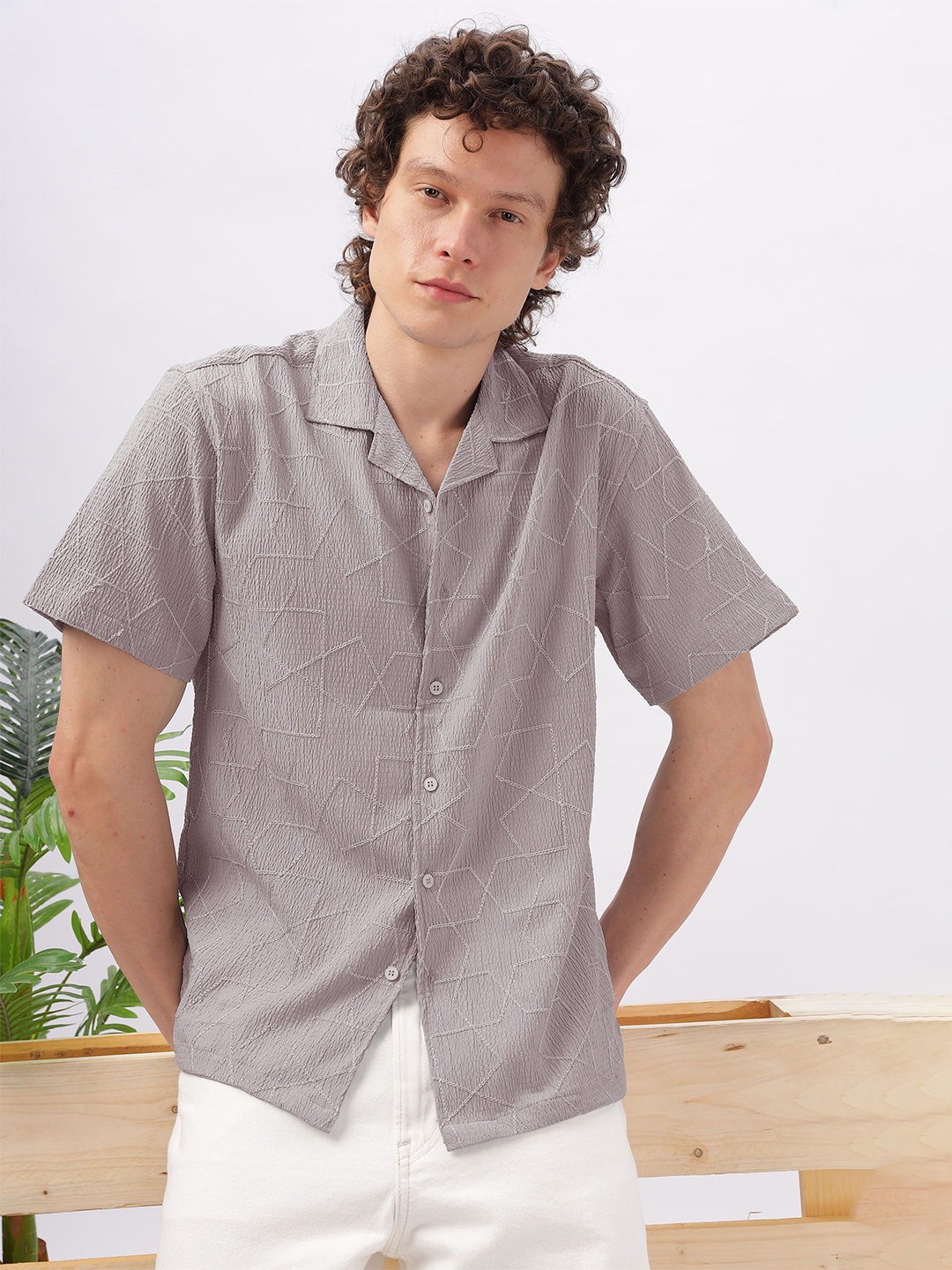 

HAMPTONS Men Standard Fit Cuban Collar Textured Cotton Casual Shirt, Grey