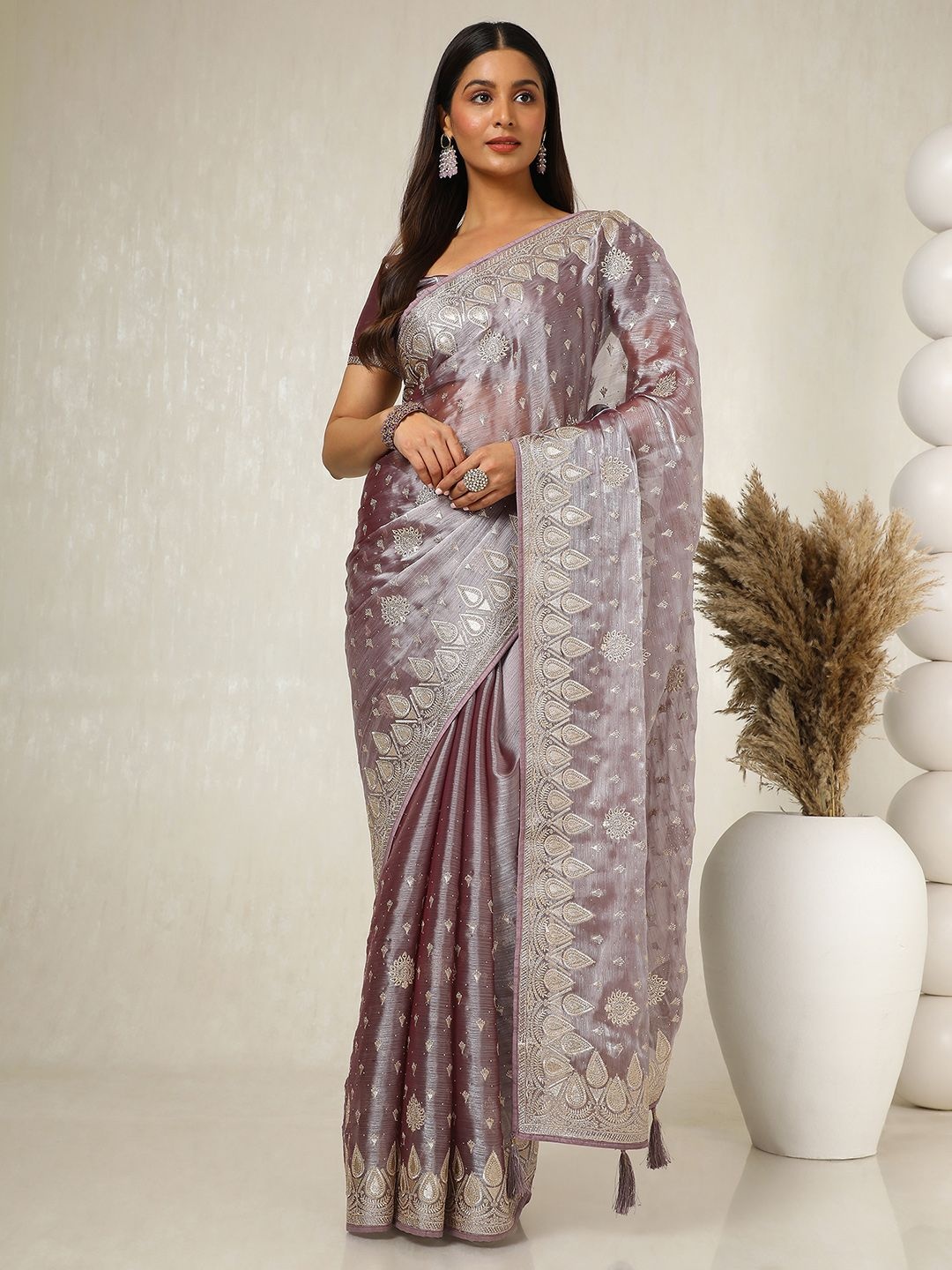 

Soch Embellished Beads and Stones Organza Saree, Purple