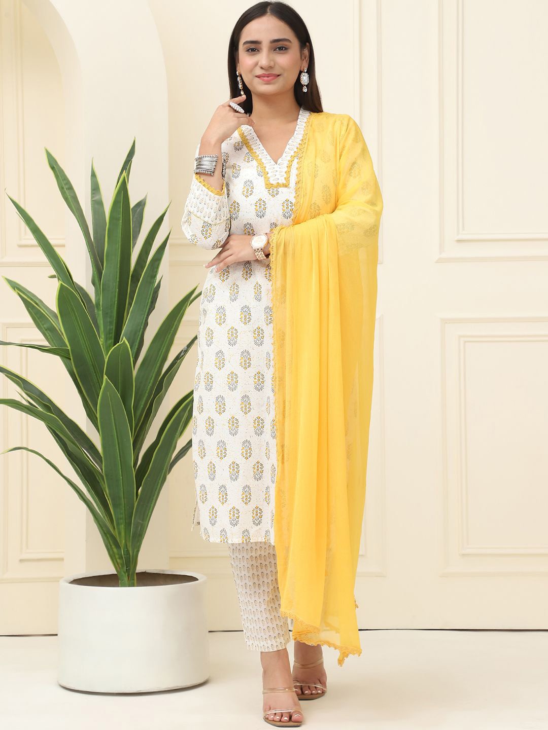 

Feel Clath Floral Printed V Neck Pure Cotton Kurta With Trousers & Dupatta, Cream