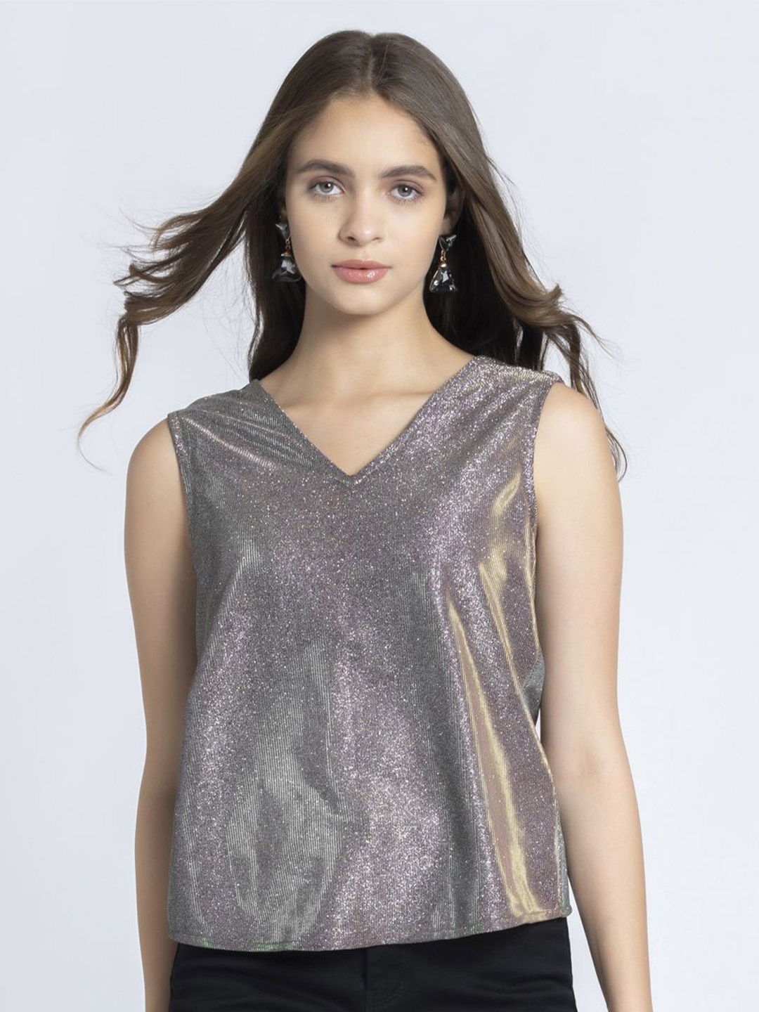 

Shaye Women V-Neck Silver Solid Sleeveless Party Tops For Women