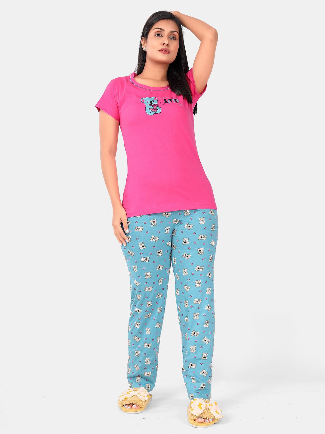 

SWEET MOON Printed Round Neck T-Shirt With Pyjama, Pink