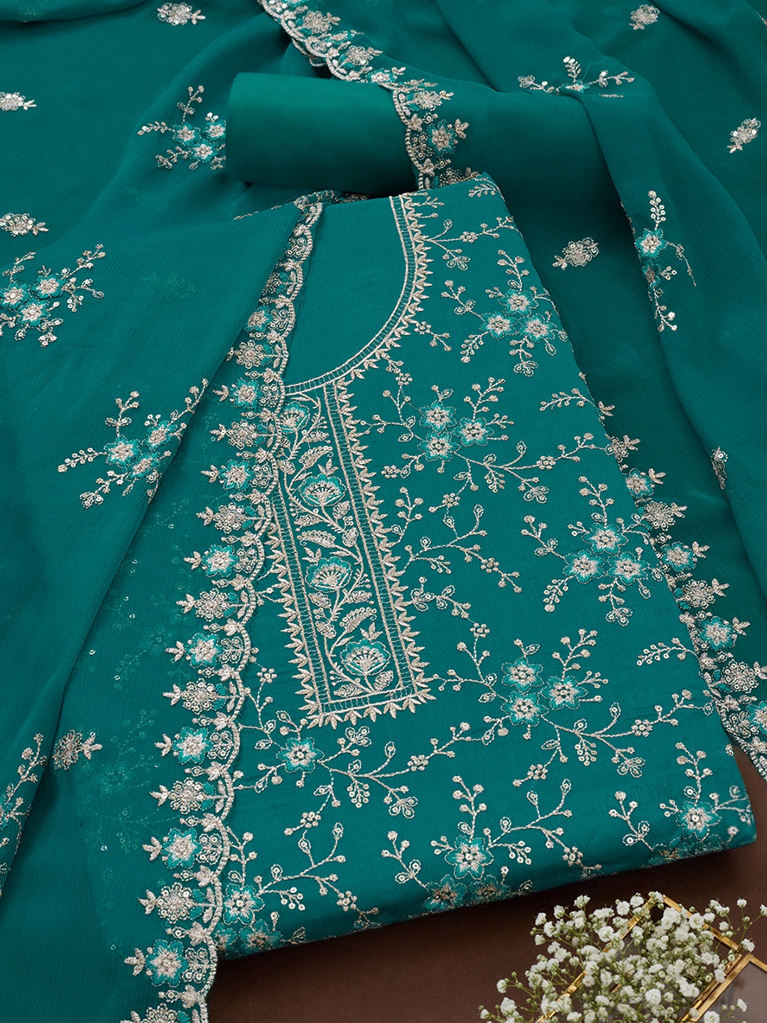 

Soch Floral Zari Embroidered Sequinned Chinon Unstitched Dress Material, Teal