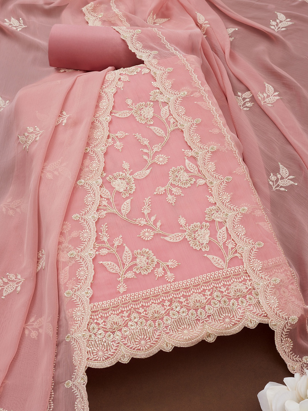 

Soch Floral Embroidered Sequinned Silk Chiffon Unstitched Dress Material, Pink