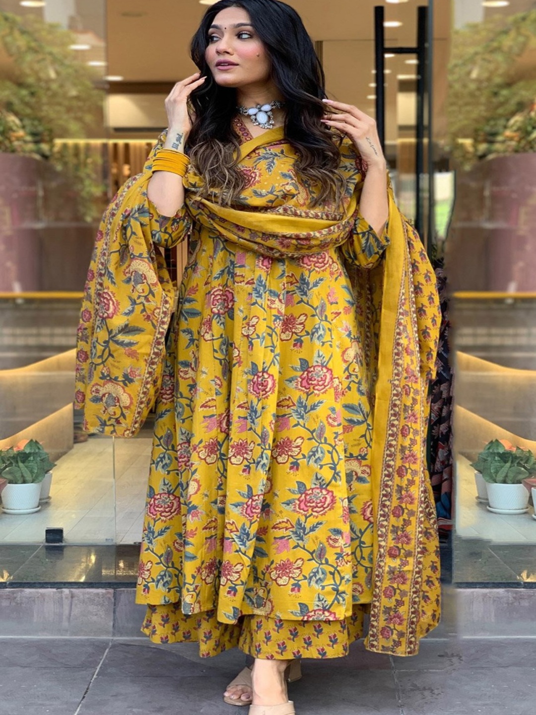

ALLEN WEAVE Floral Printed V Neck Mirror Work Kurta With Palazzos With Dupatta, Yellow