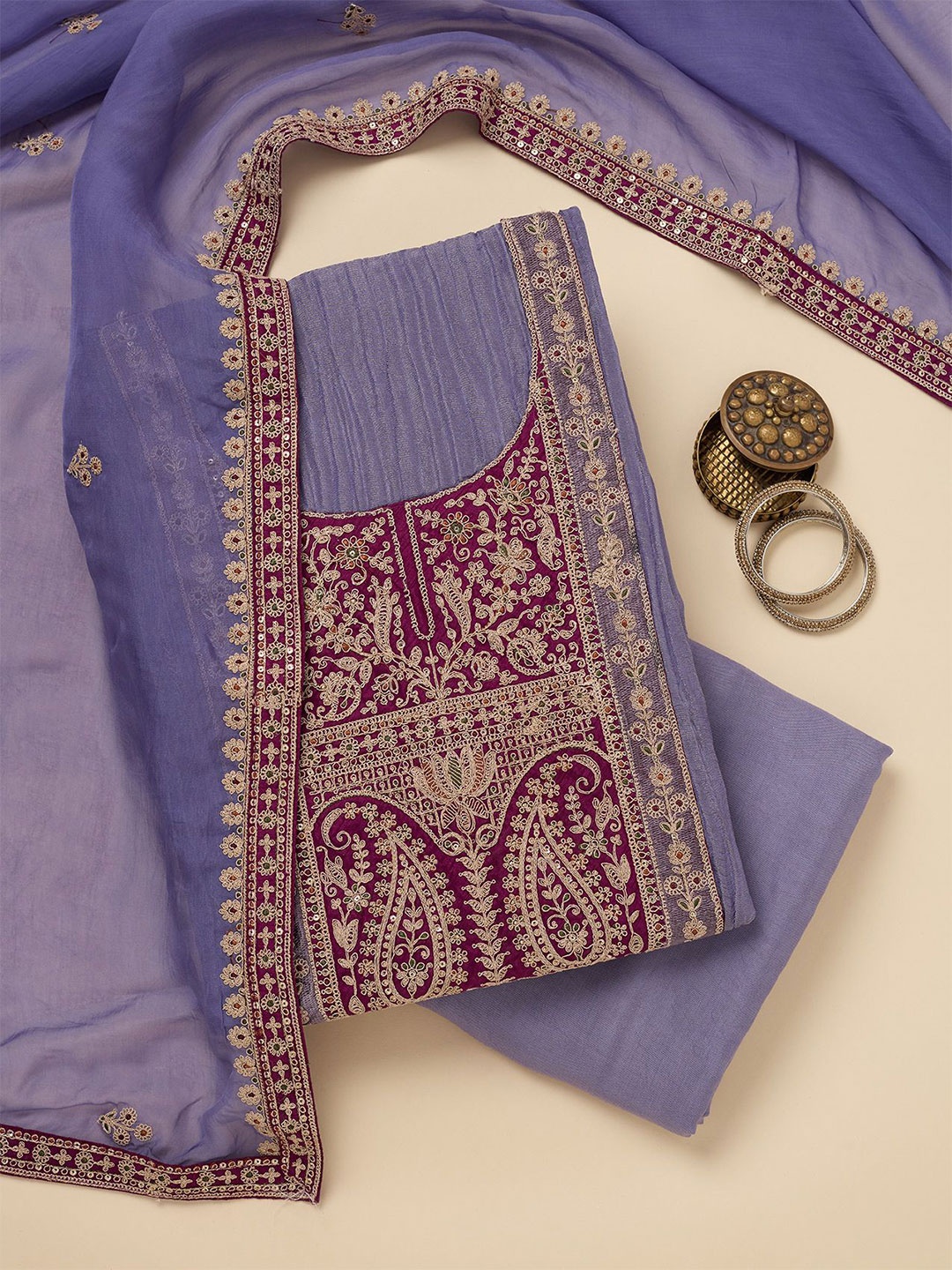 

Koskii Ethnic Motifs Embroidered Zari Unstitched Dress Material, Purple