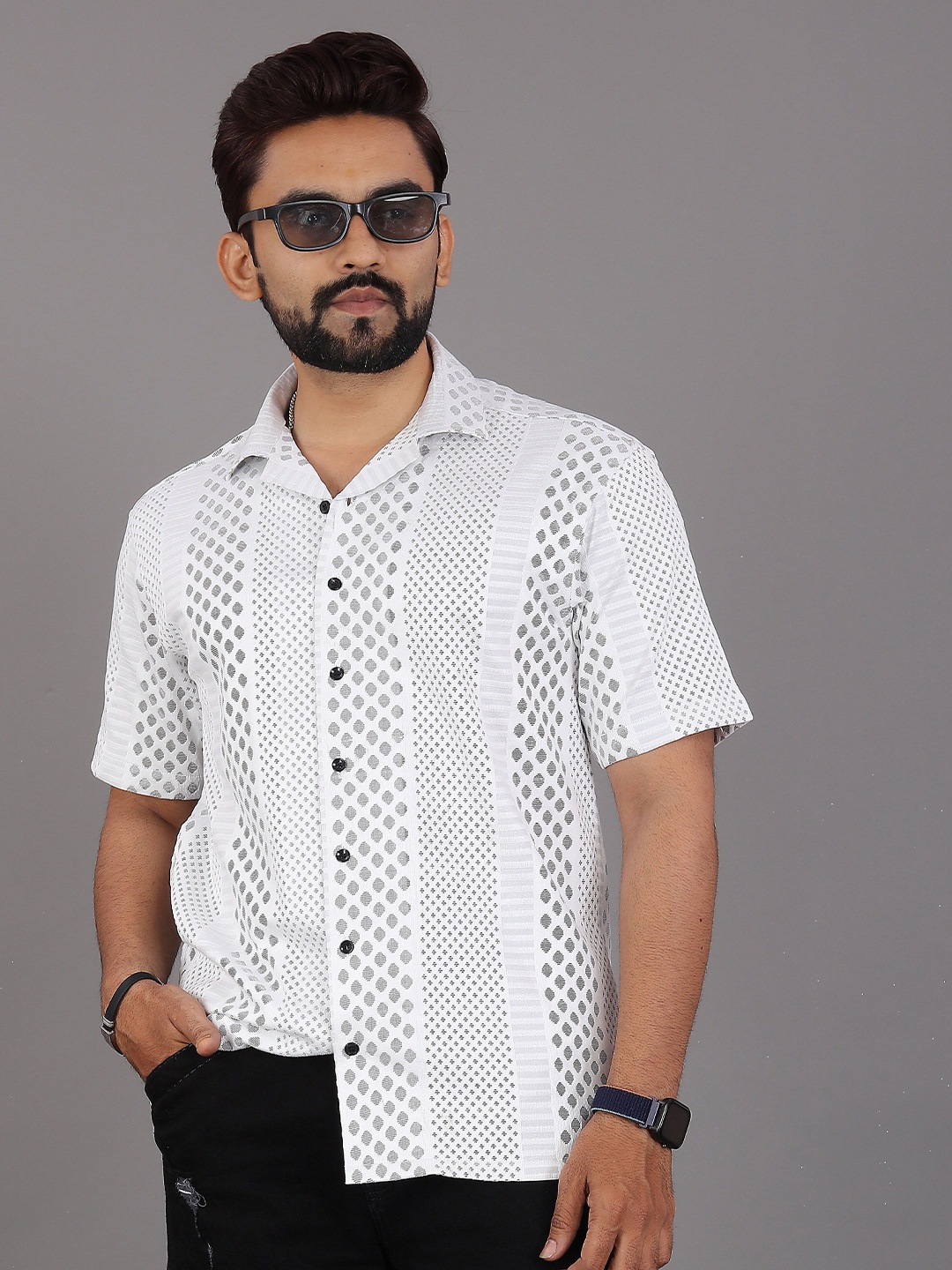 

INDICLUB Men Relaxed Fit Cuban Collar Textured Casual Shirt, White