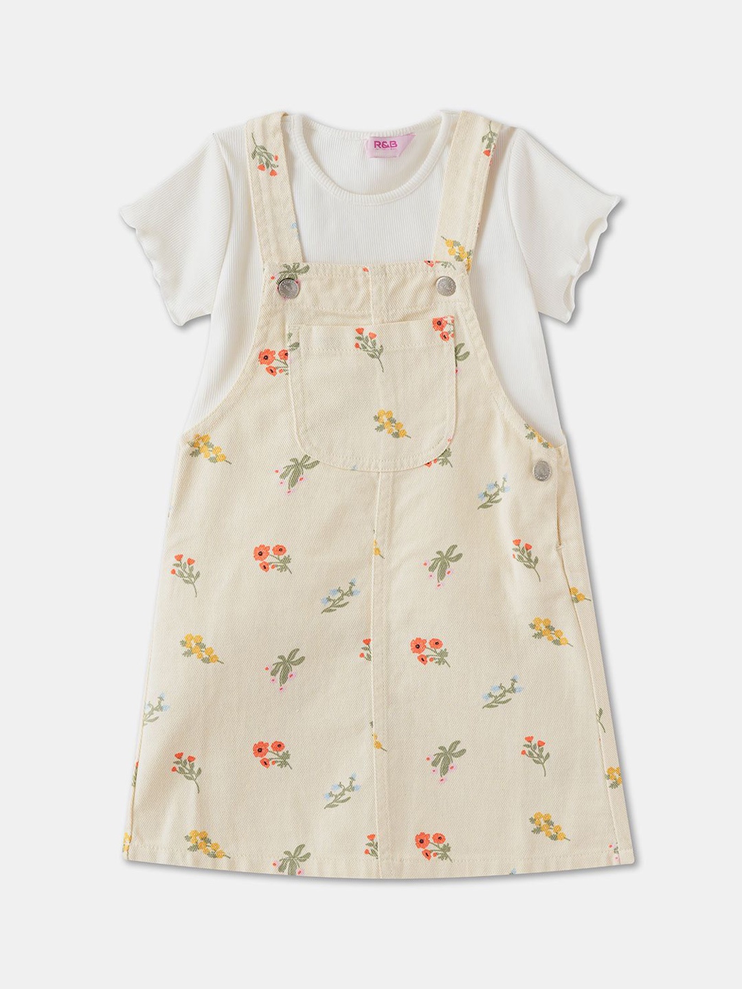 

R&B Girls Printed Pure Cotton Dungaree With T-Shirt, Beige