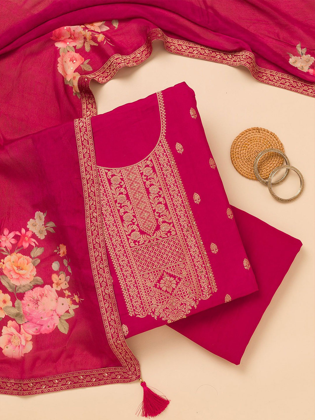 

Koskii Floral Embroidered Unstitched Dress Material, Pink