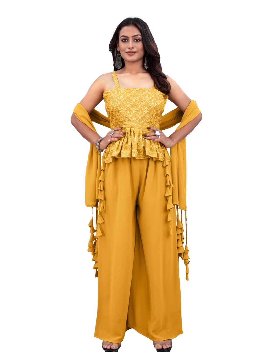 

SANCIA Shoulder Straps Embroidered Georgette Ethnic Tunic With Palazzos & Dupatta, Yellow