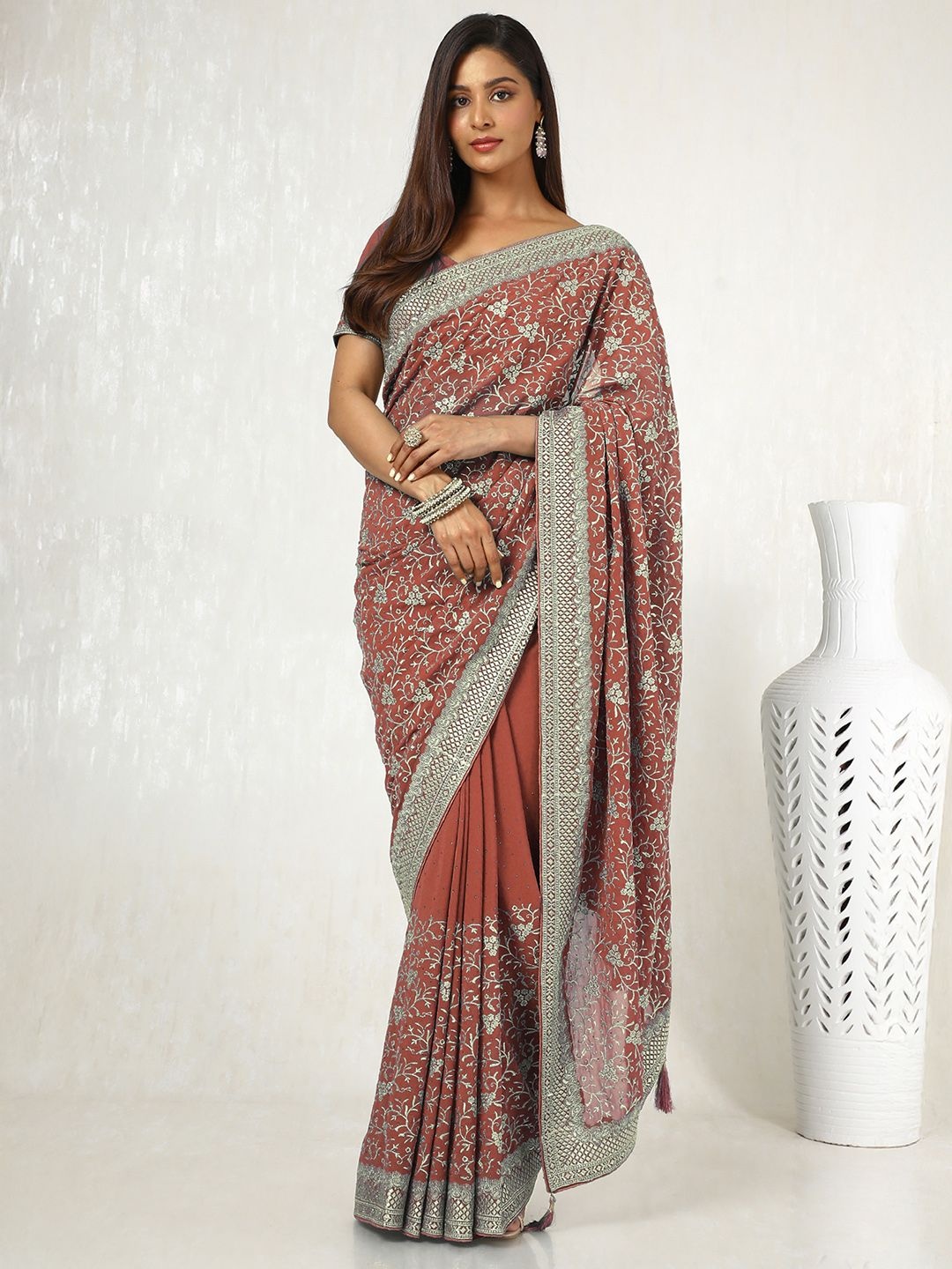 

Soch Embellished Beads and Stones Pure Georgette Saree, Peach