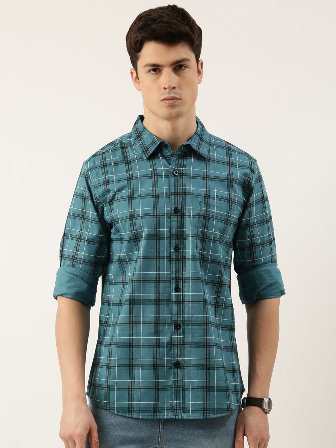 

Metronaut Men Spread Collar Tartan Checked Cotton Casual Shirt, Teal