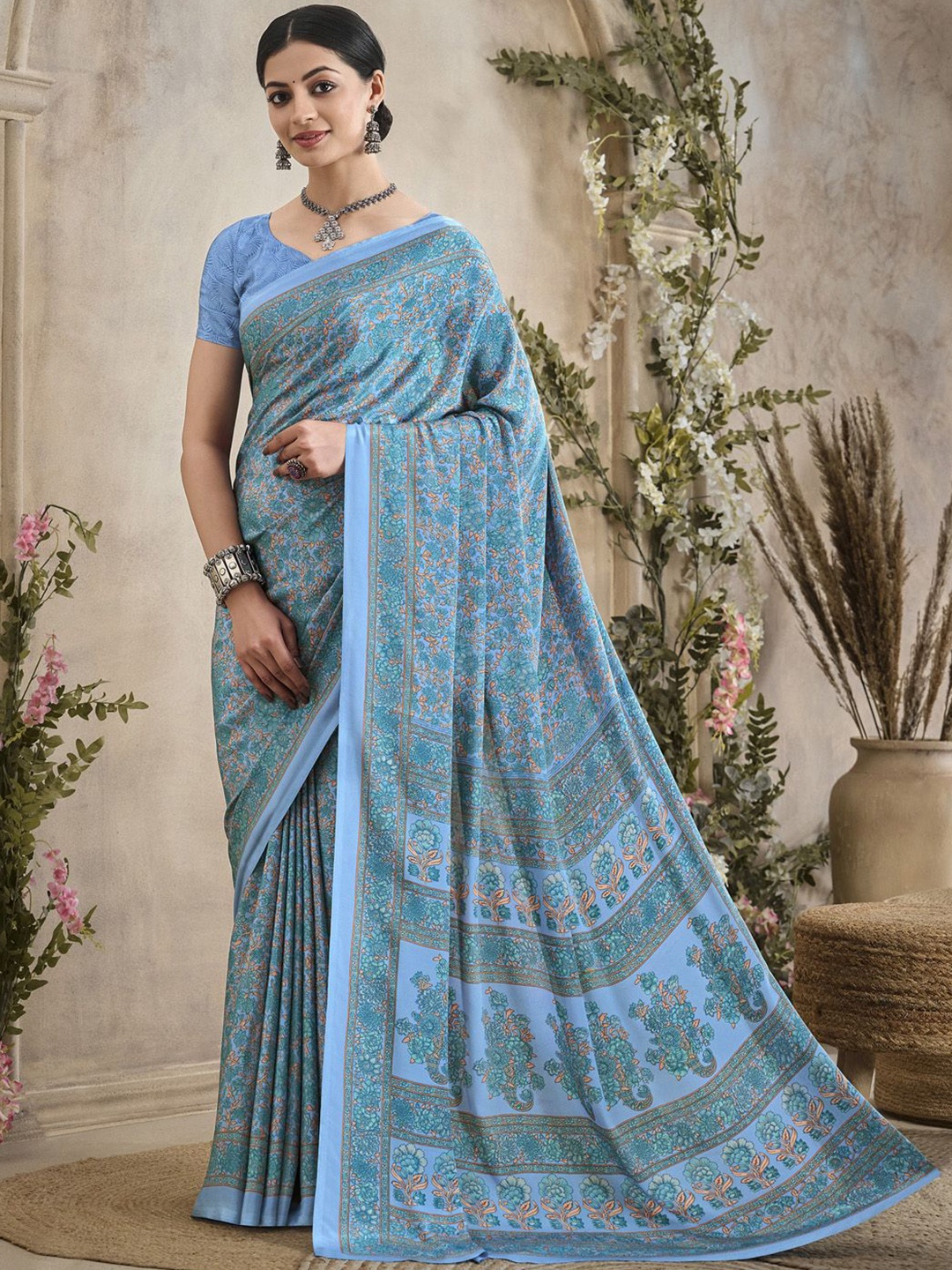 

Anouk Rustic Floral Poly Crepe Bagru Saree, Blue