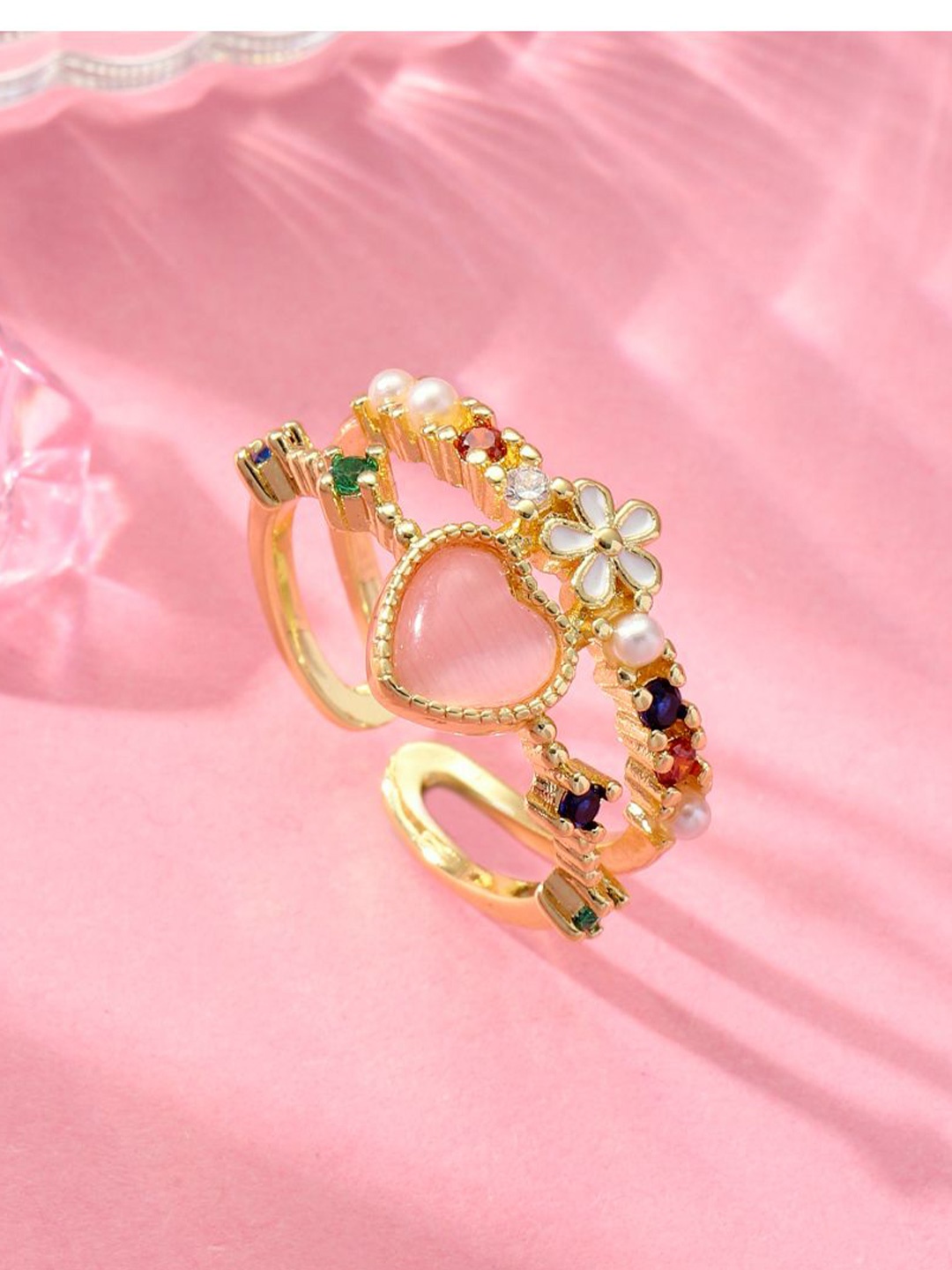 

SALTY Gemstone Heart Ring With Floral For Women & Girls, Gold