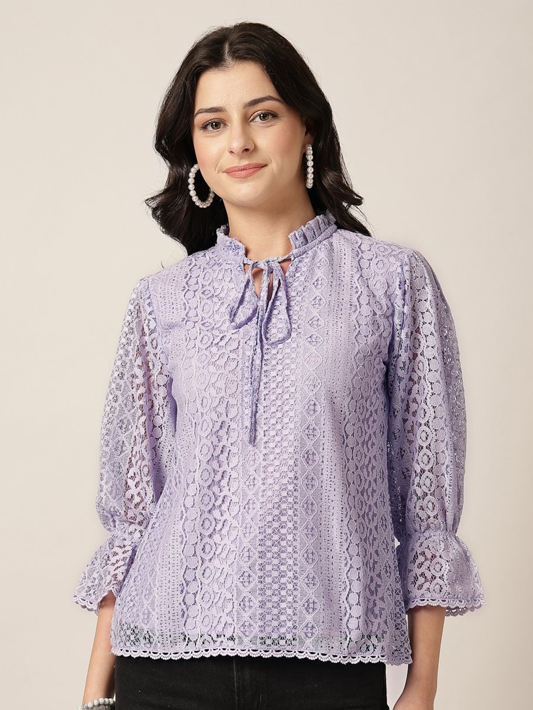 

Style Quotient Tie-Up Neck Puff Sleeve Cotton Top, Lavender