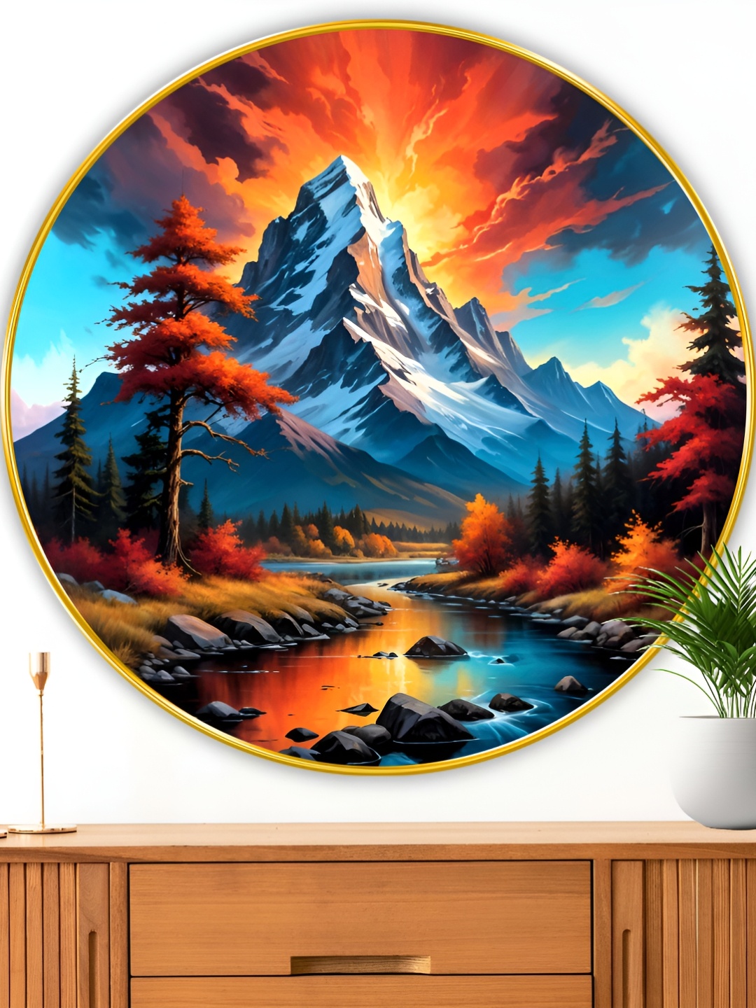 

Myntra Elegant Homes Orange & Blue Mountain Wood Wall Art