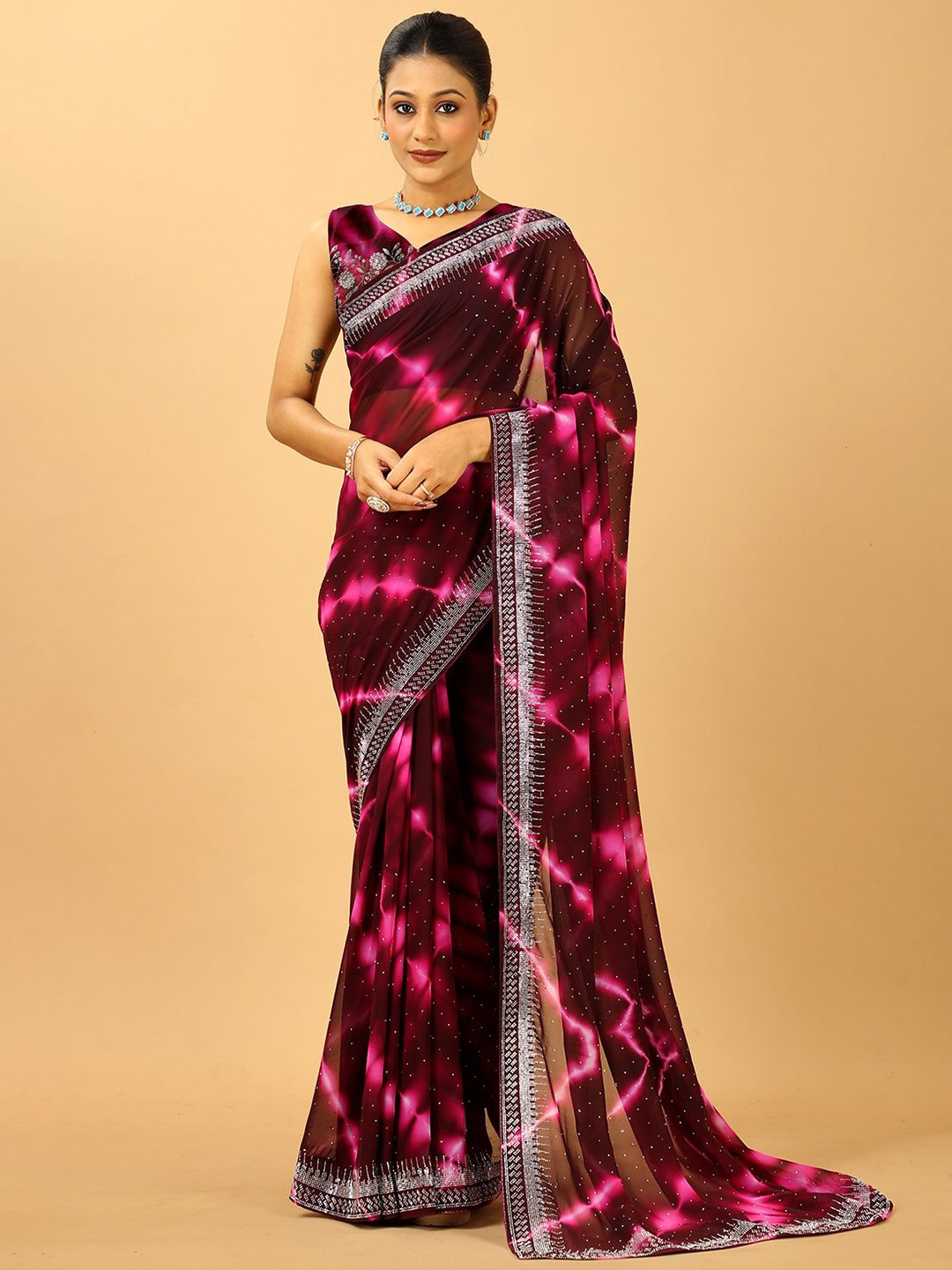 

A.V.M. SILK MILLS Tie and Dye Beads and Stones Saree, Brown