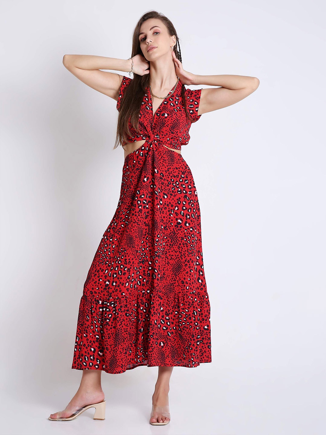 

French Theory Floral Printed Short Sleeves A-Line Maxi Dress, Red