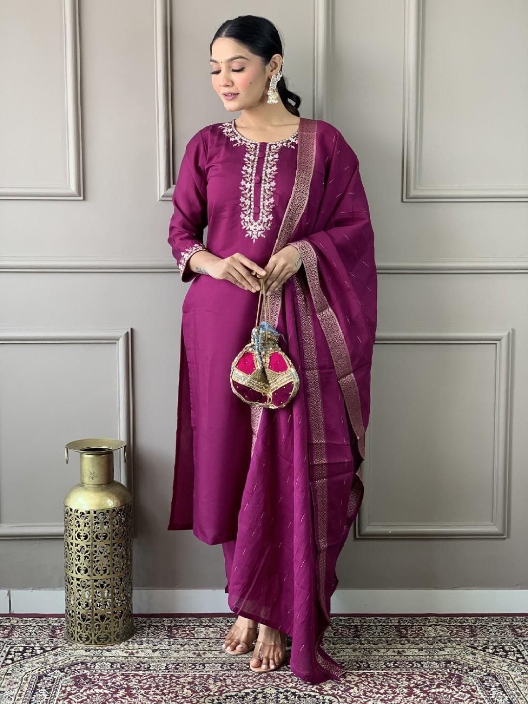 

Fashion Ritmo Floral Embroidered Thread Work Straight Kurta With Trouser And Dupatta, Purple