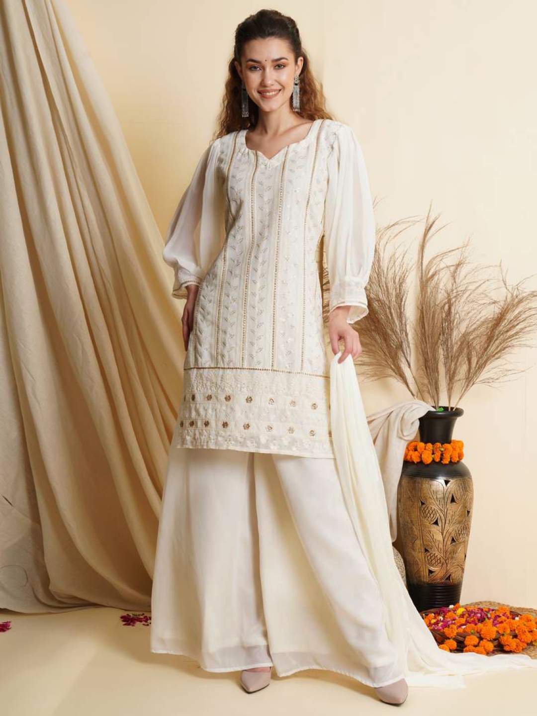 

SANCIA Notch-Neck Embroidered Sequinned Georgette Straight Kurta With Palazzos And Dupatta, Off white