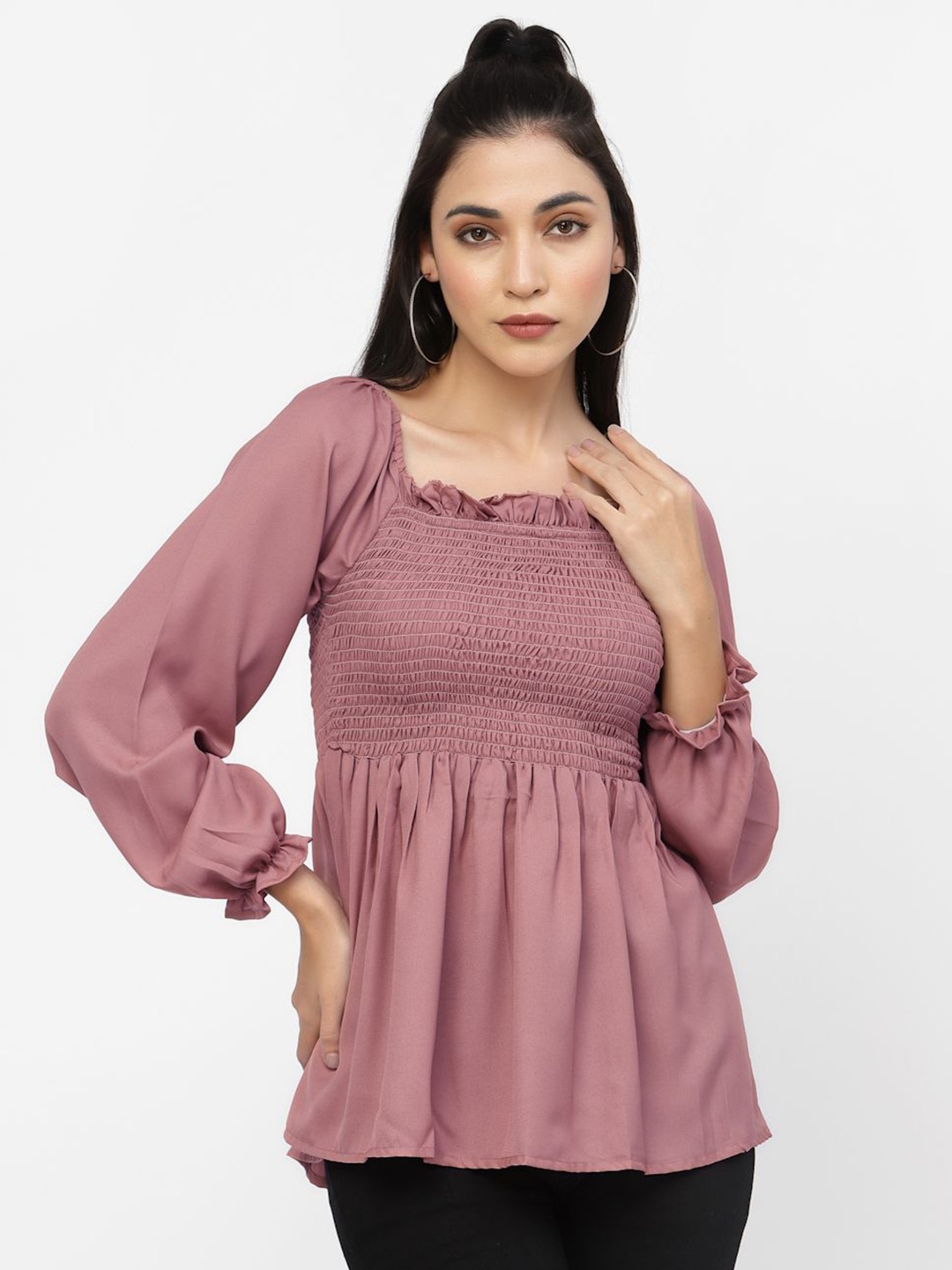 

DELIS Women Puff Sleeve Square Neck Smocked Peplum Top, Mauve