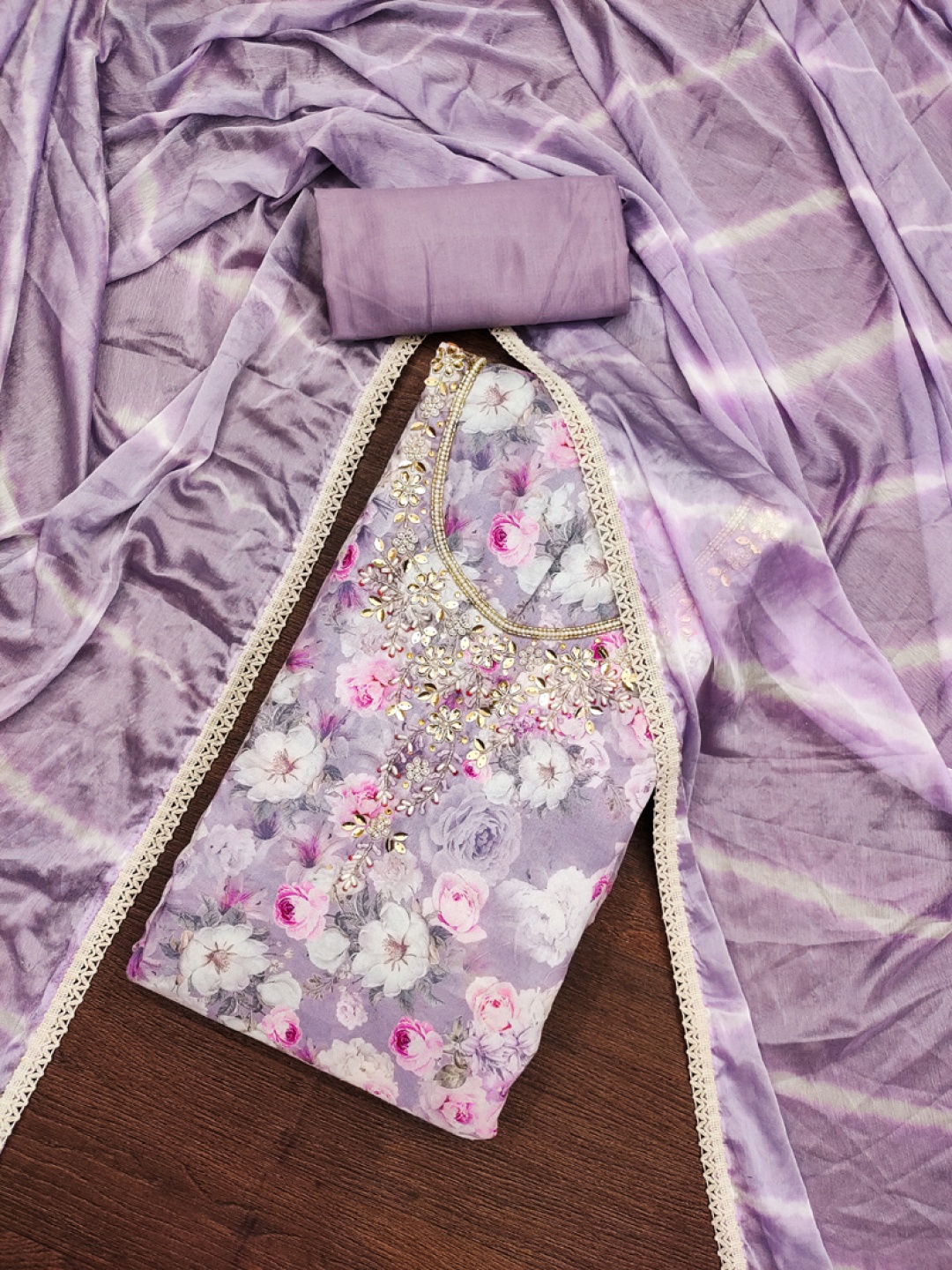 

ASISA Floral Printed Beads And Stones Unstitched Dress Material, Purple