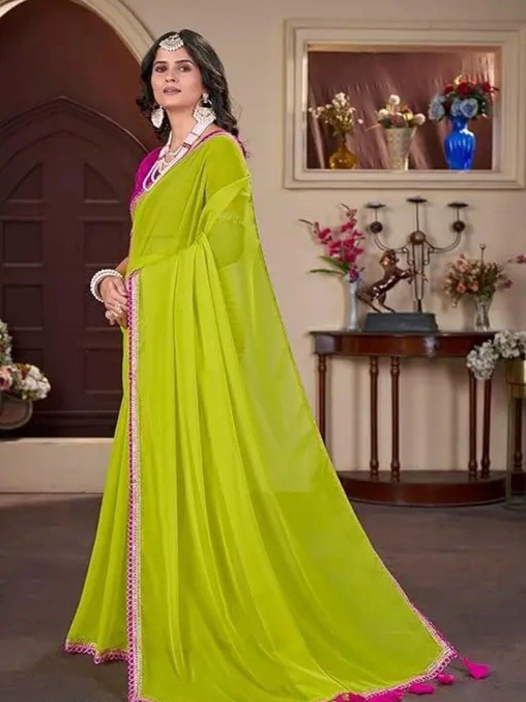 

VRAGI Pure Georgette Gotta Patti Border Saree, Fluorescent green
