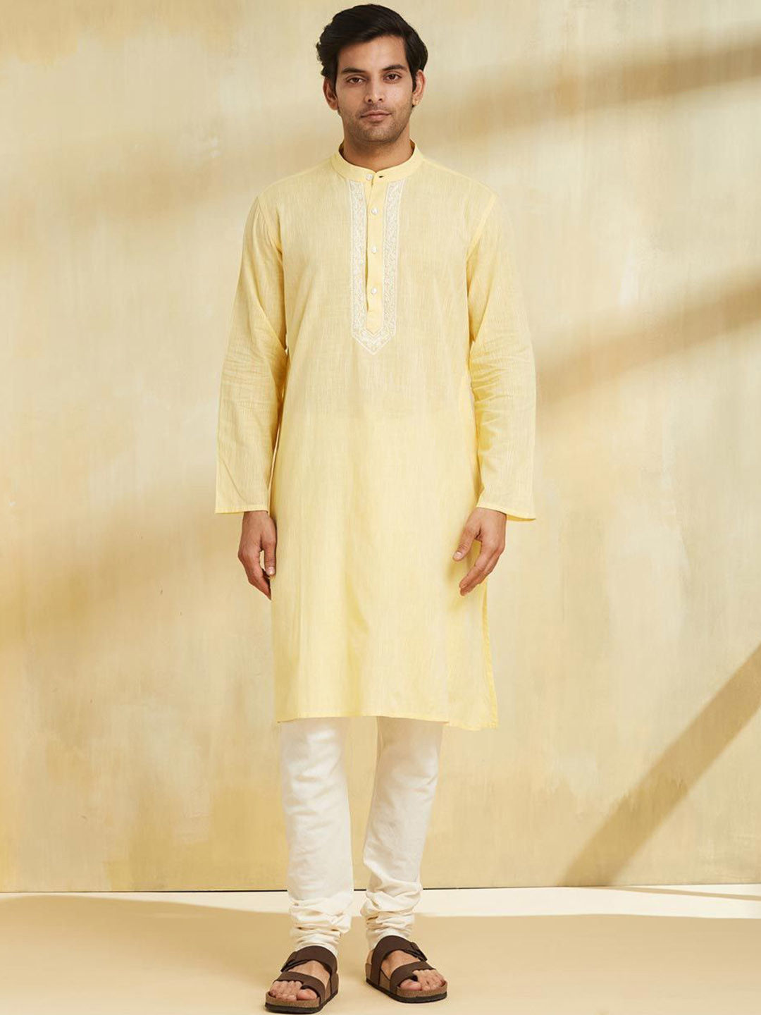 

Fabindia Thread Work Mandarin Collar Pure Cotton Straight Kurta, Yellow