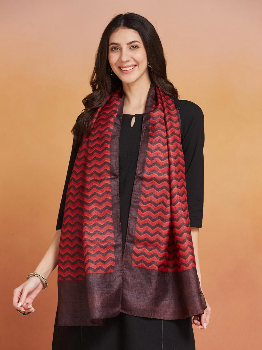 

Fabindia Women Woven Design Printed Stole, Red