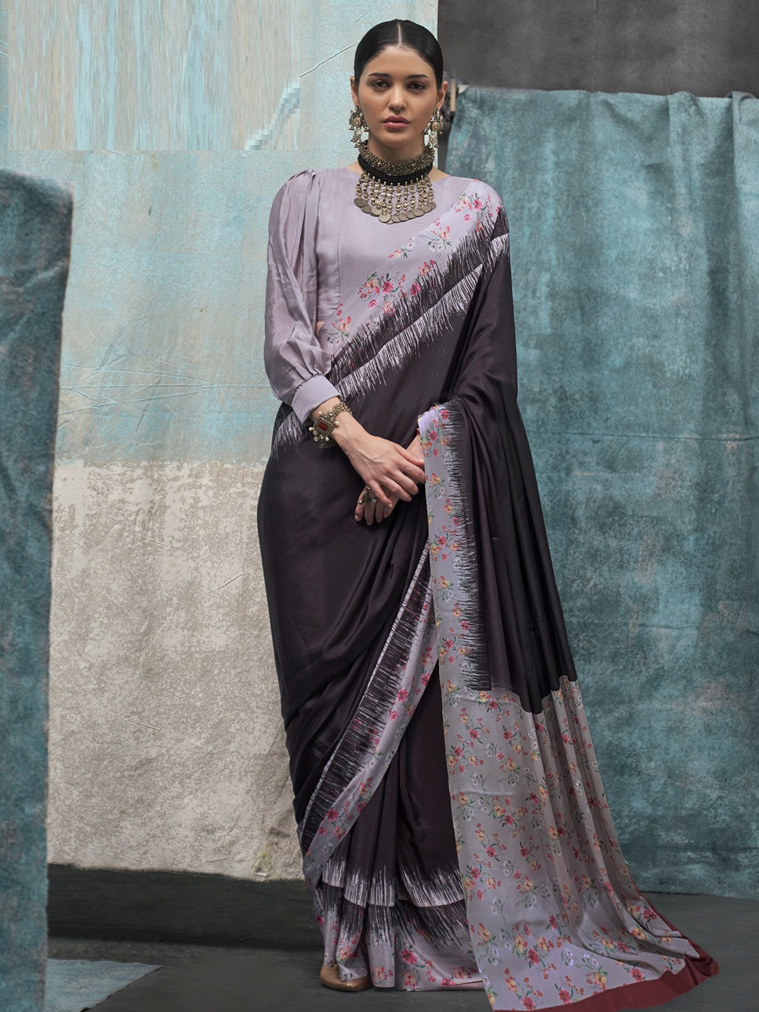 

MAHALASA Satin Saree With Blouse Piece, Black